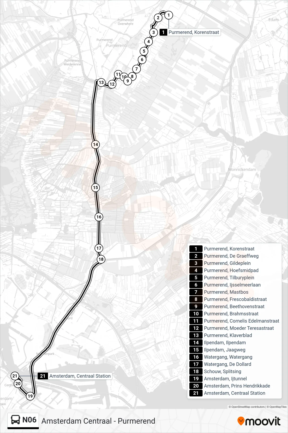 N06 bus Line (Amsterdam Centraal) route and stops on a map