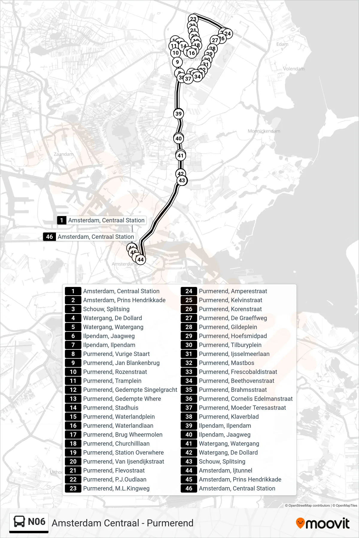 N06 bus Line (Purmerend) route and stops on a map