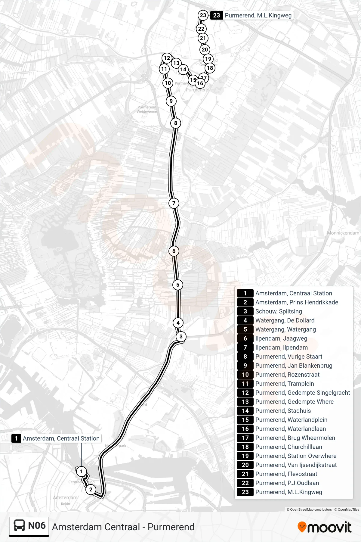 Lijn N06 (bus, Purmerend Overwhere): route en haltes op de kaart