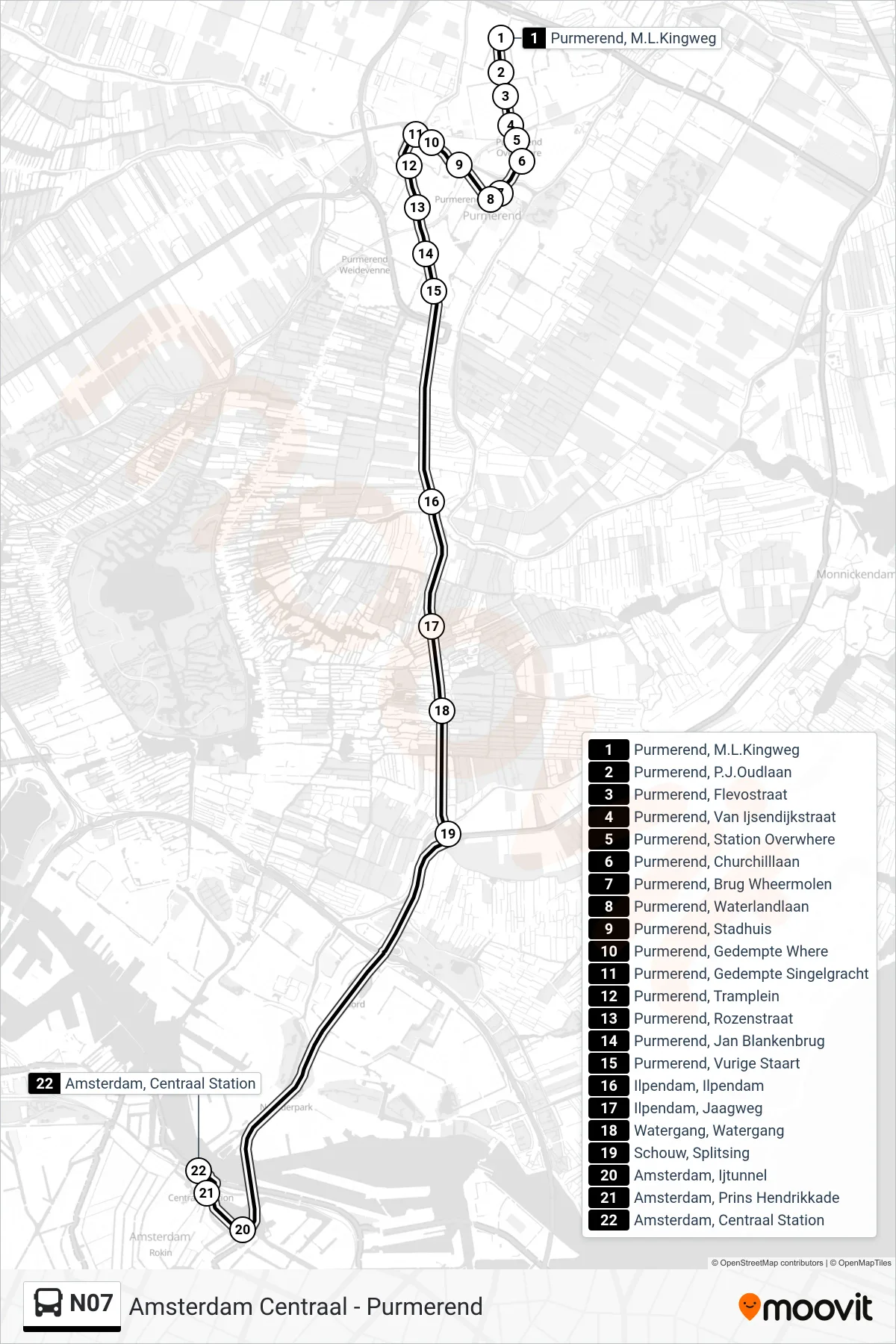 N07 bus Line (Amsterdam Centraal) route and stops on a map