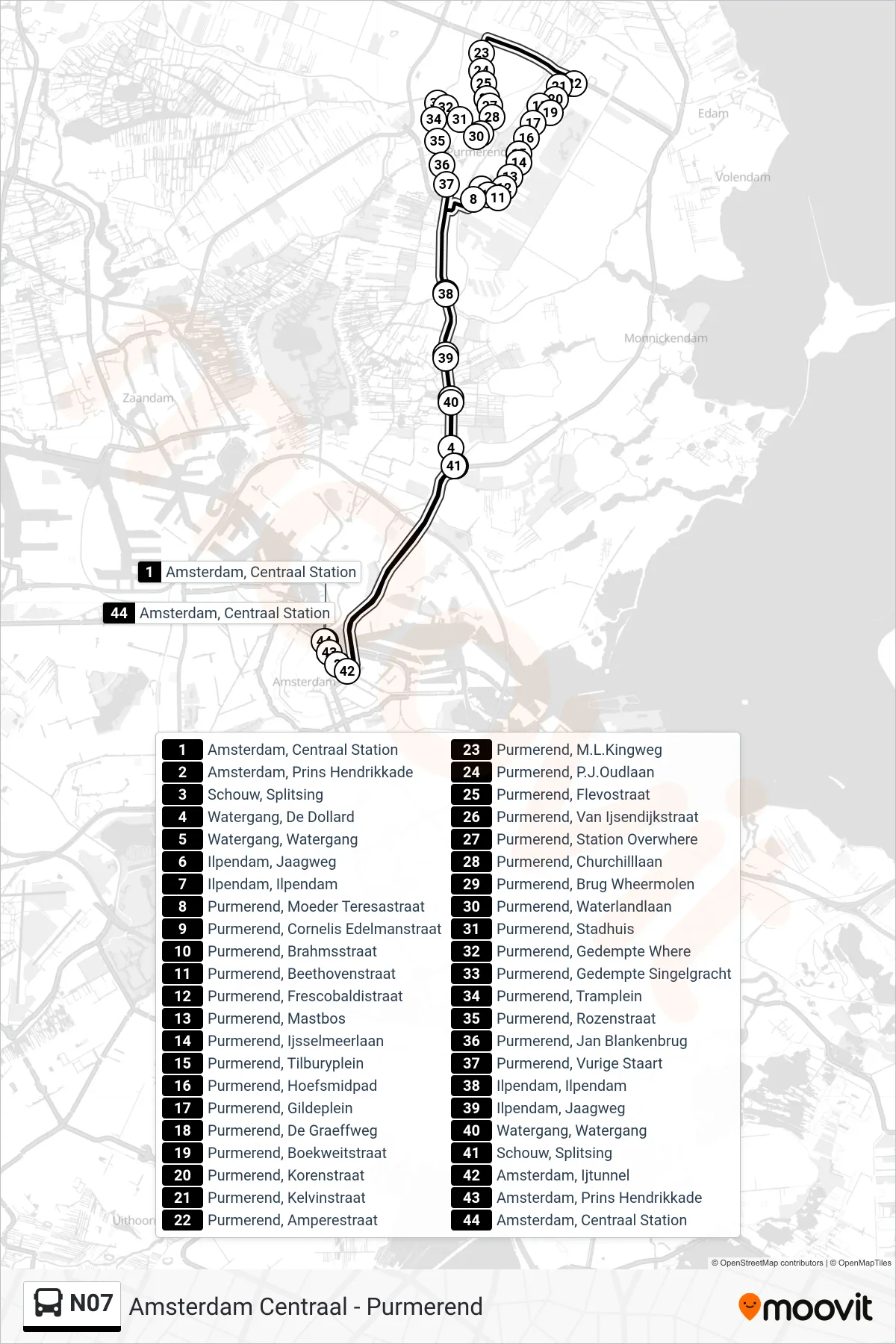 N07 bus Line (Purmerend) route and stops on a map
