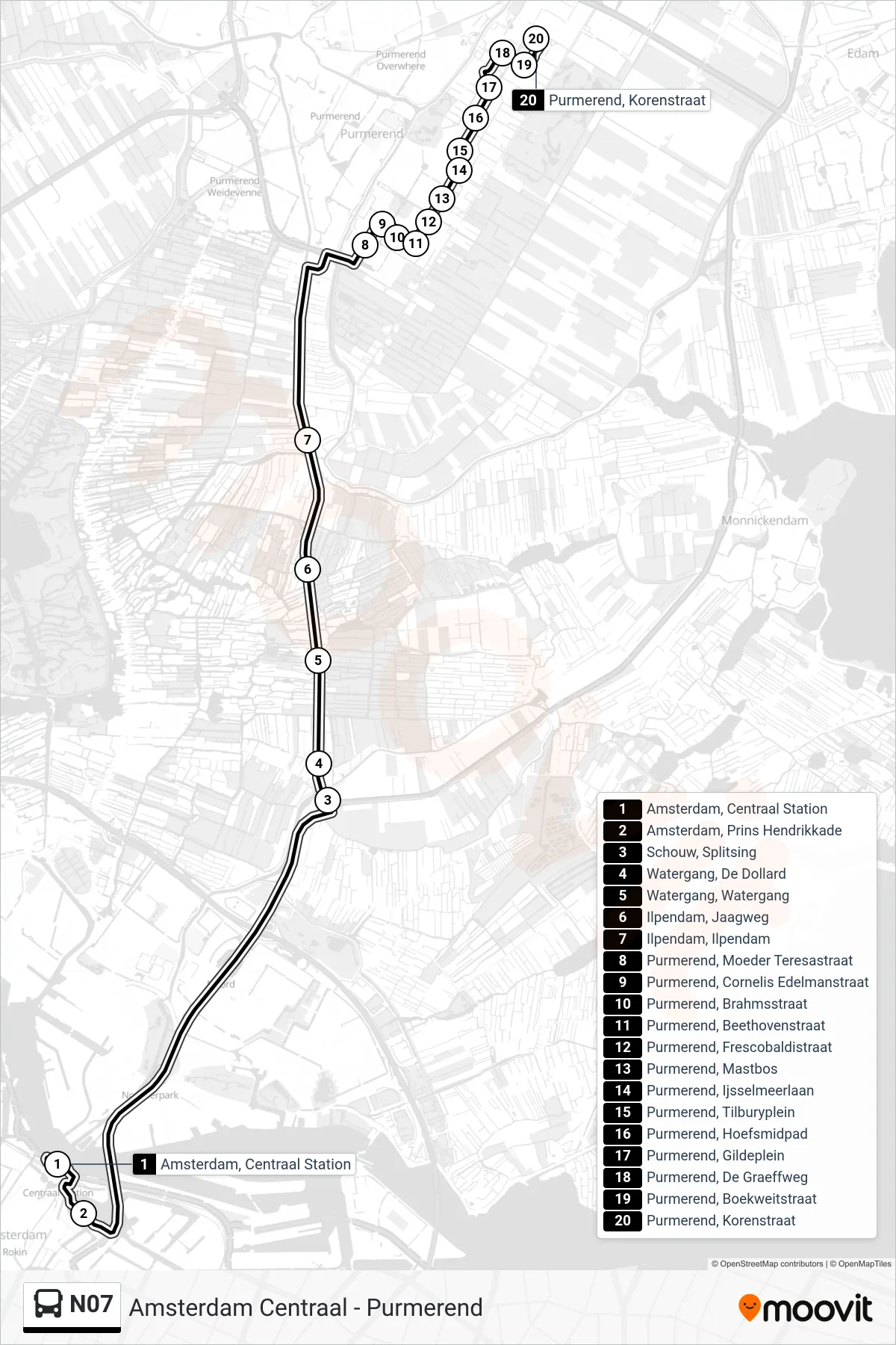 Lijn N07 (bus, Purmerend De Purmer): route en haltes op de kaart