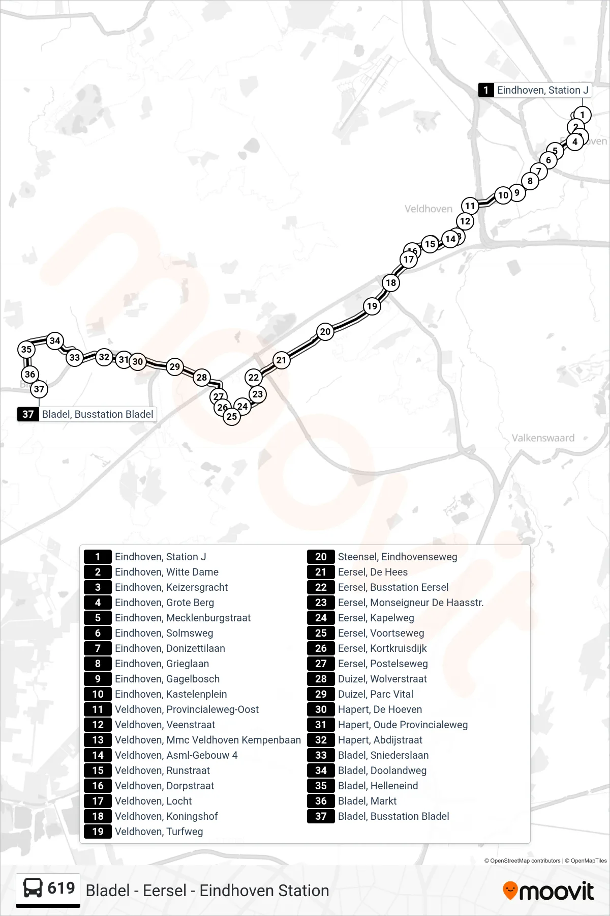 Lijn 619 (bus, Bladel Busstation Bladel): route en haltes op de kaart