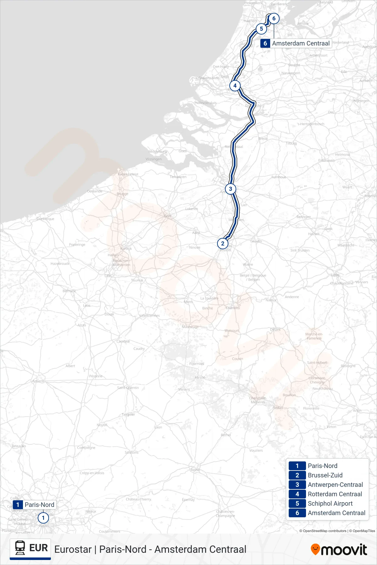 EUR train Line (Amsterdam Centraal) route and stops on a map