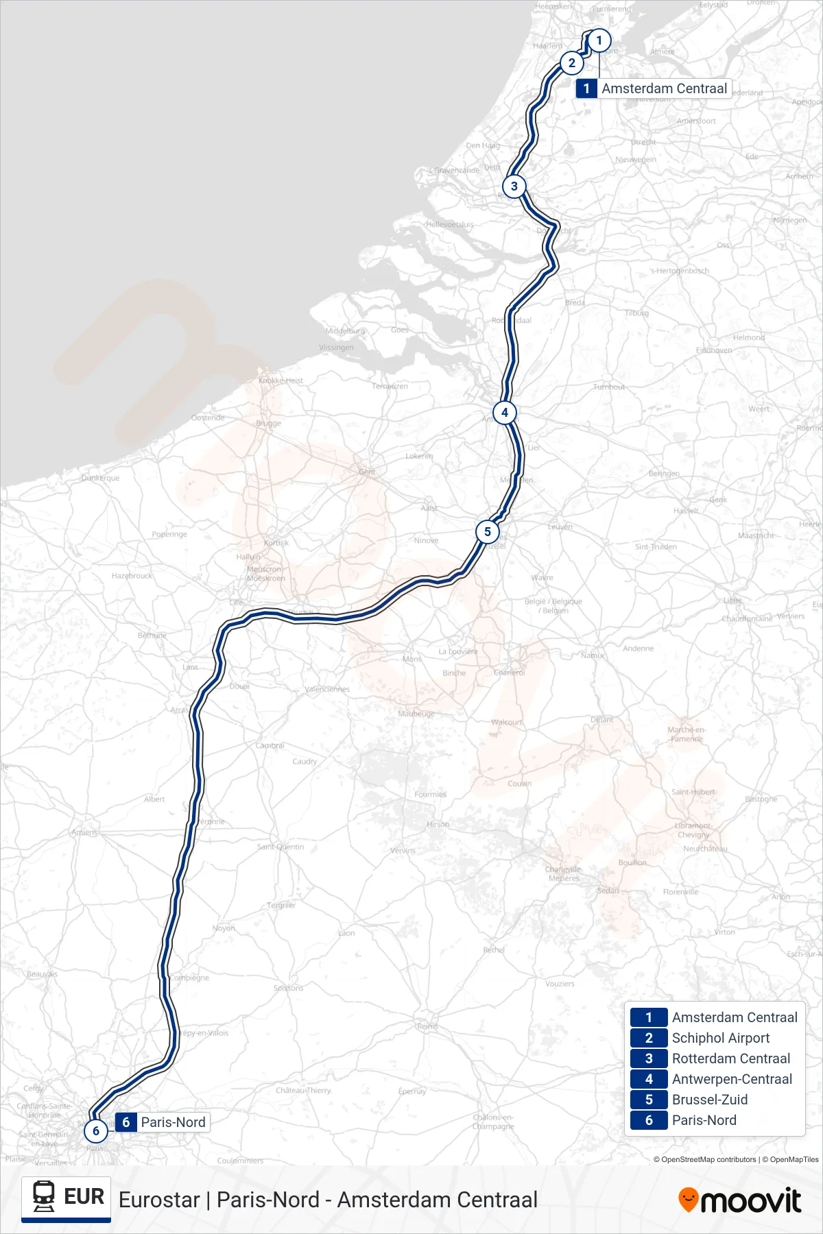 EUR train Line (Paris-Nord) route and stops on a map