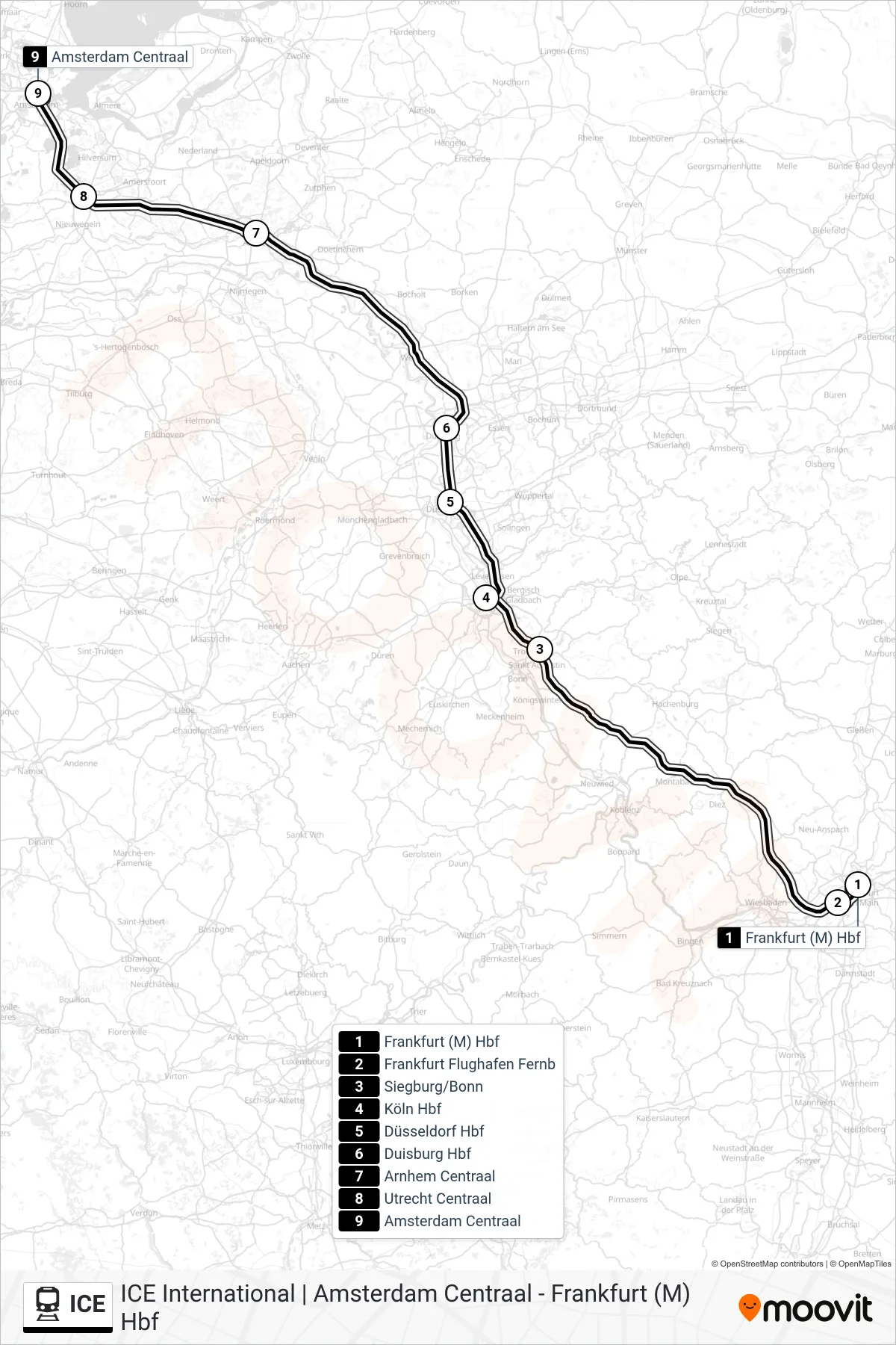 ICE train Line (Amsterdam Centraal) route and stops on a map