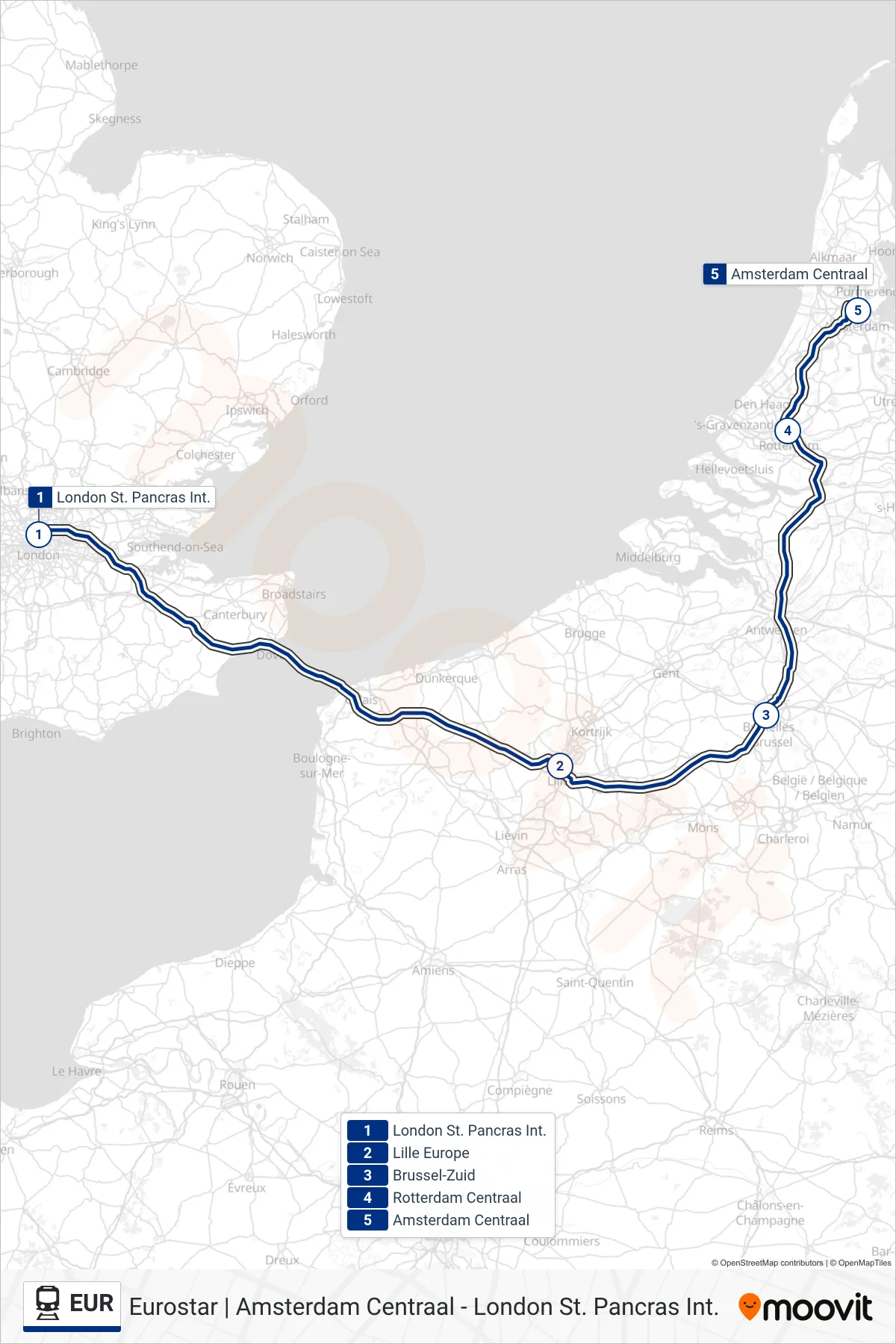 Lijn EUR (trein, Amsterdam Centraal): route en haltes op de kaart