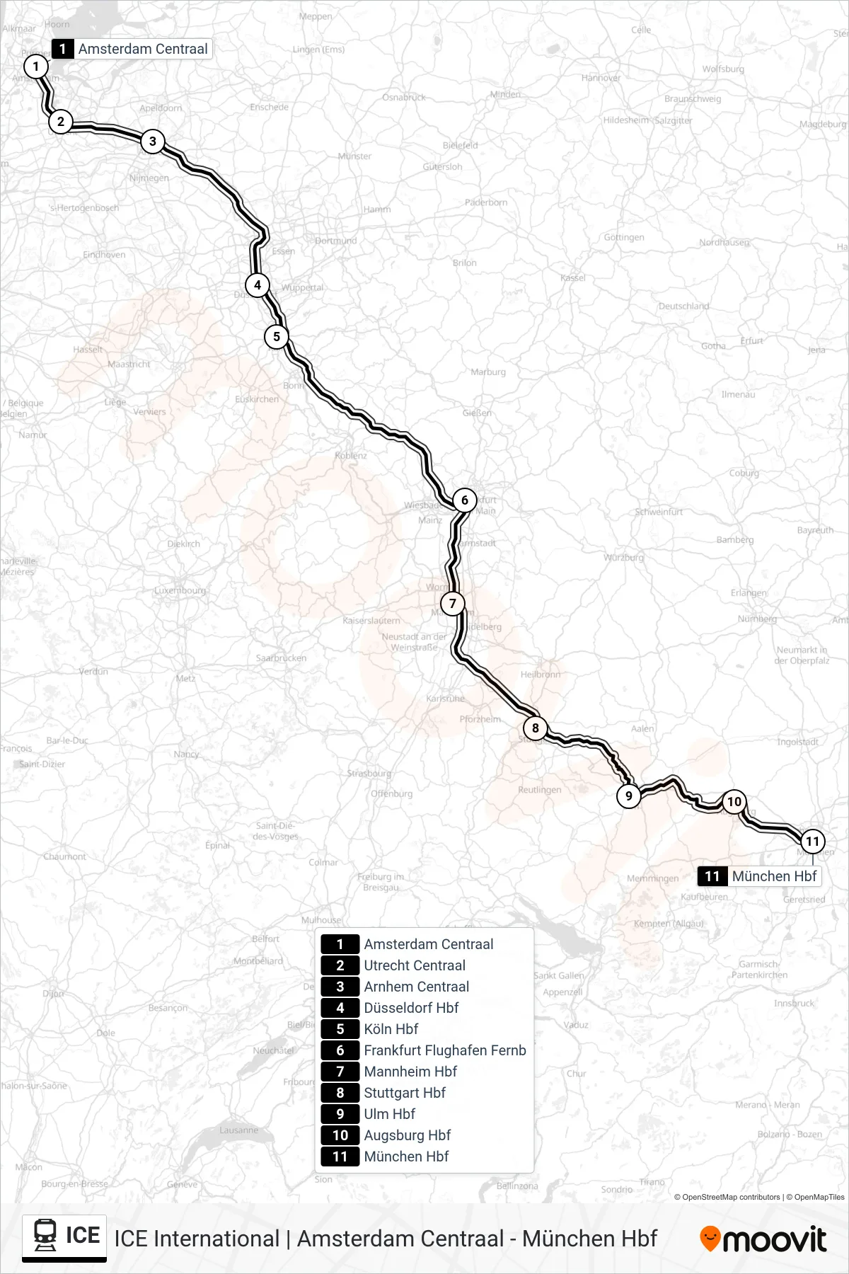 Lijn ICE (trein, München Hbf): route en haltes op de kaart