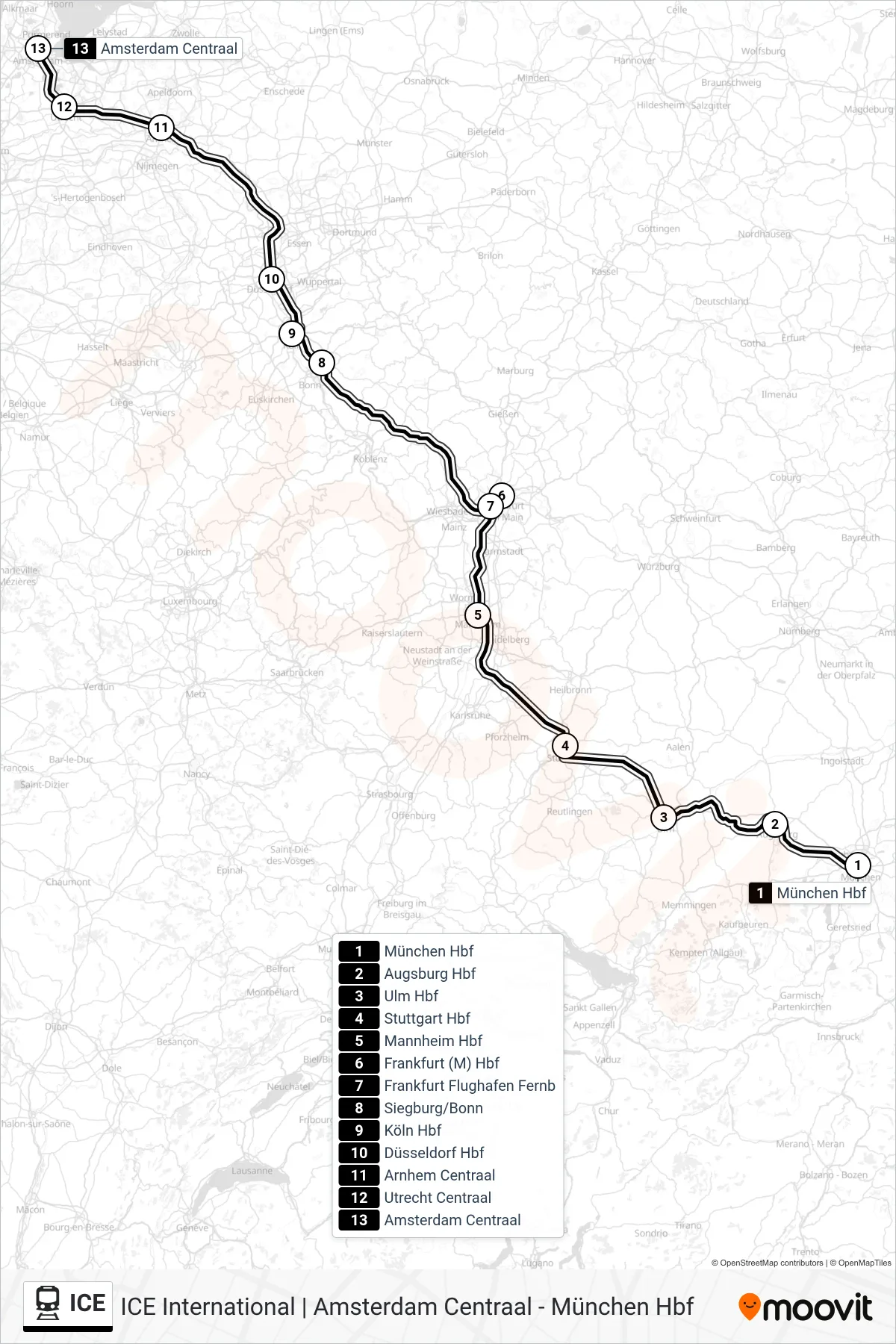 ICE train Line (Amsterdam Centraal) route and stops on a map