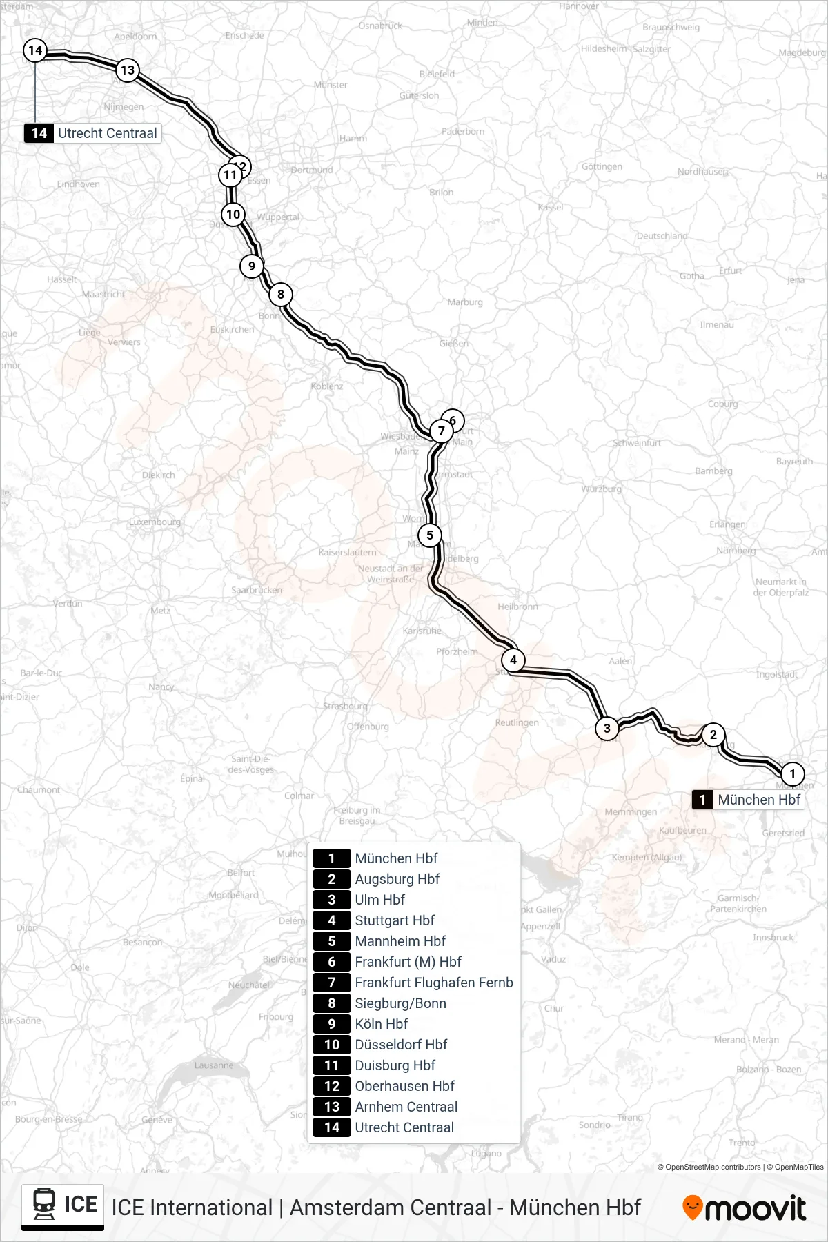 Lijn ICE (trein, Utrecht Centraal): route en haltes op de kaart