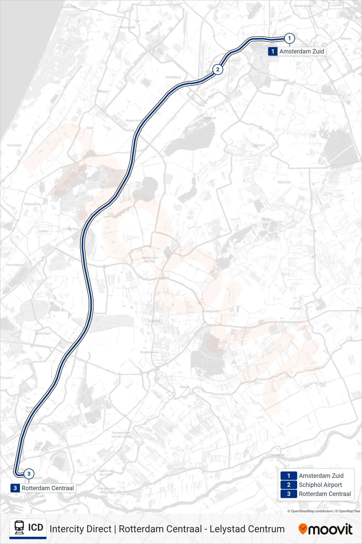Lijn ICD (trein, Rotterdam Centraal): route en haltes op de kaart