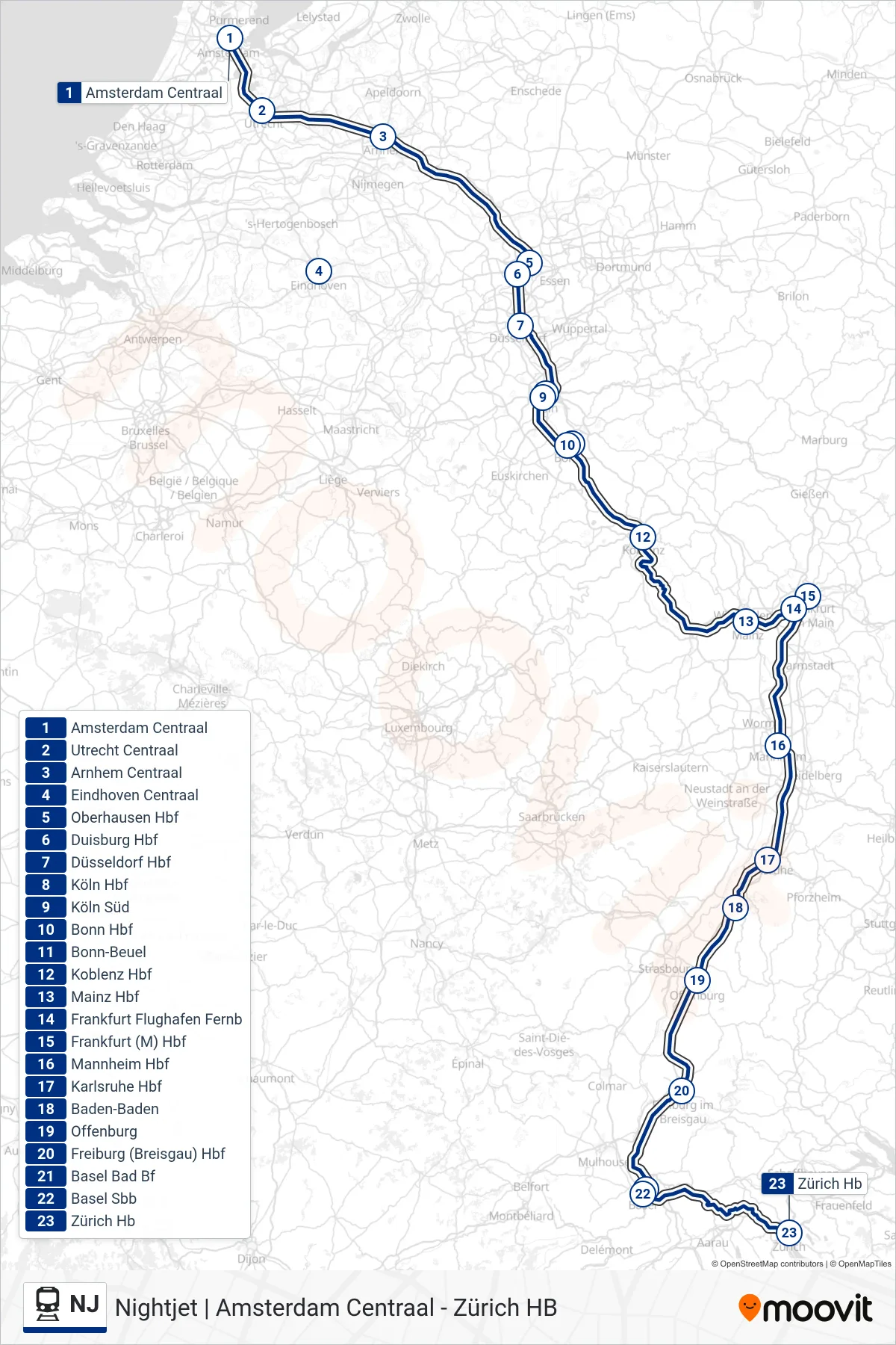 NJ train Line (Zürich Hb) route and stops on a map