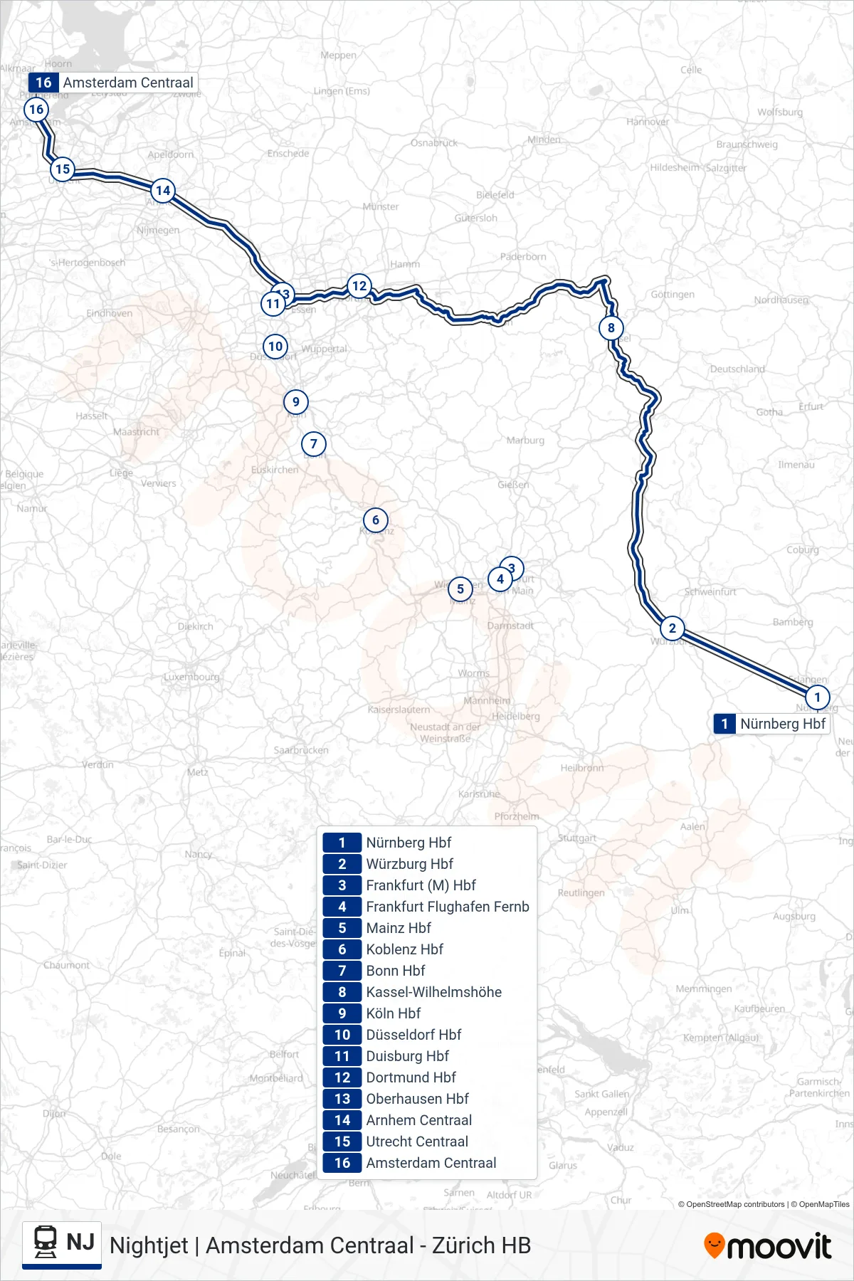 NJ rail Line (Amsterdam Centraal) route and stops on a map