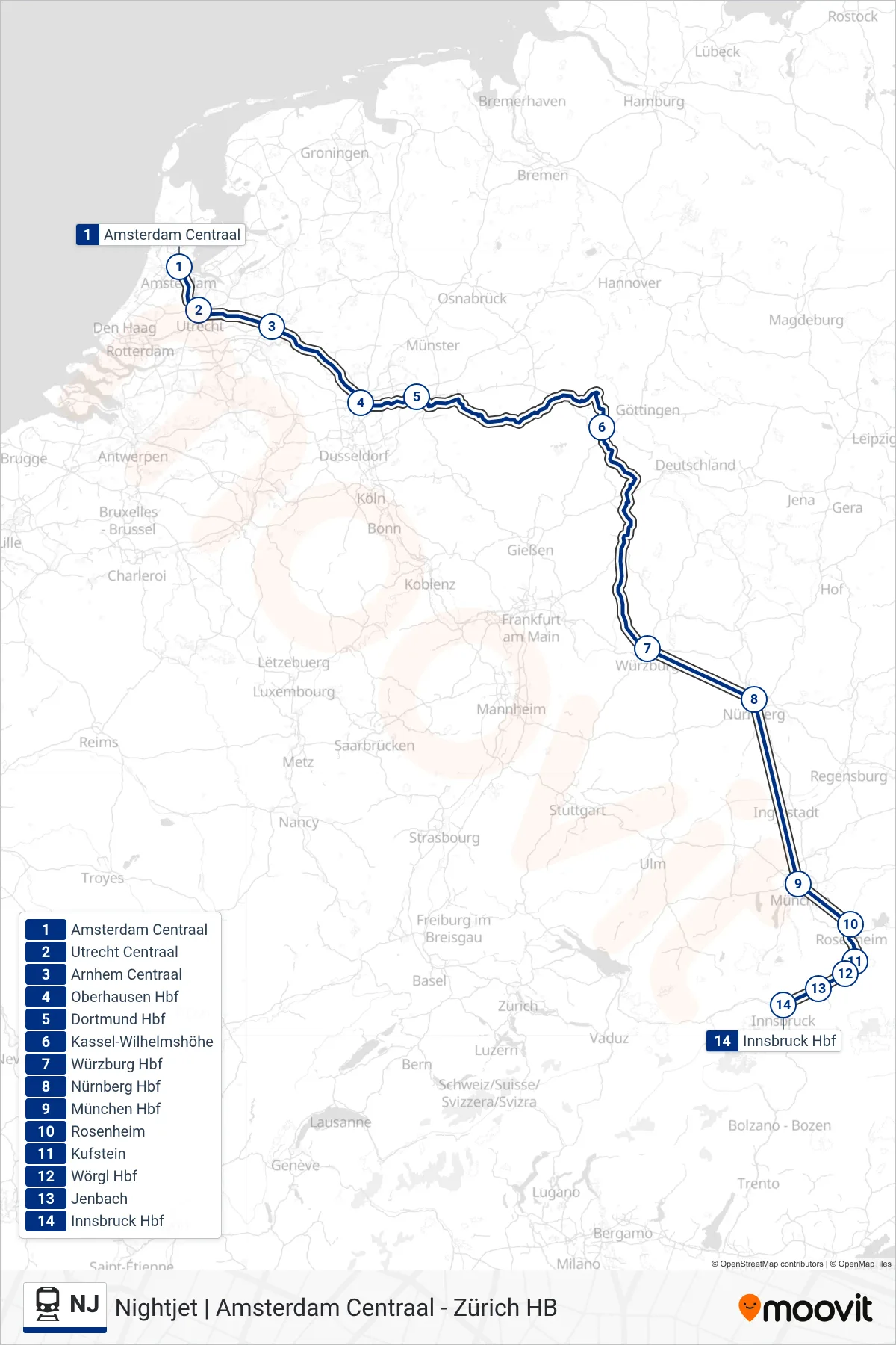 NJ train Line (Innsbruck Hbf) route and stops on a map