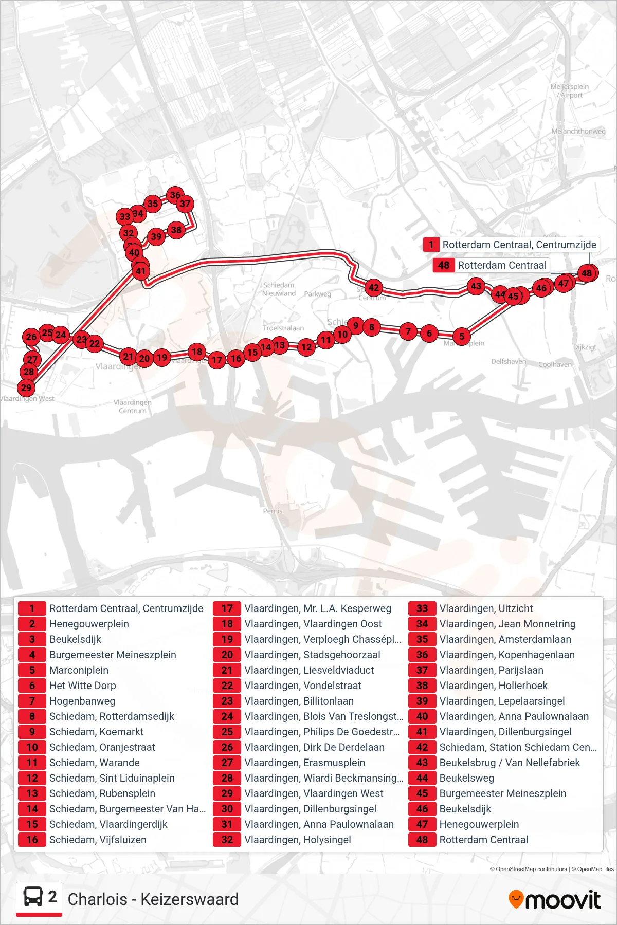 Lijn 2 (bus, Rotterdam Centraal): route en haltes op de kaart