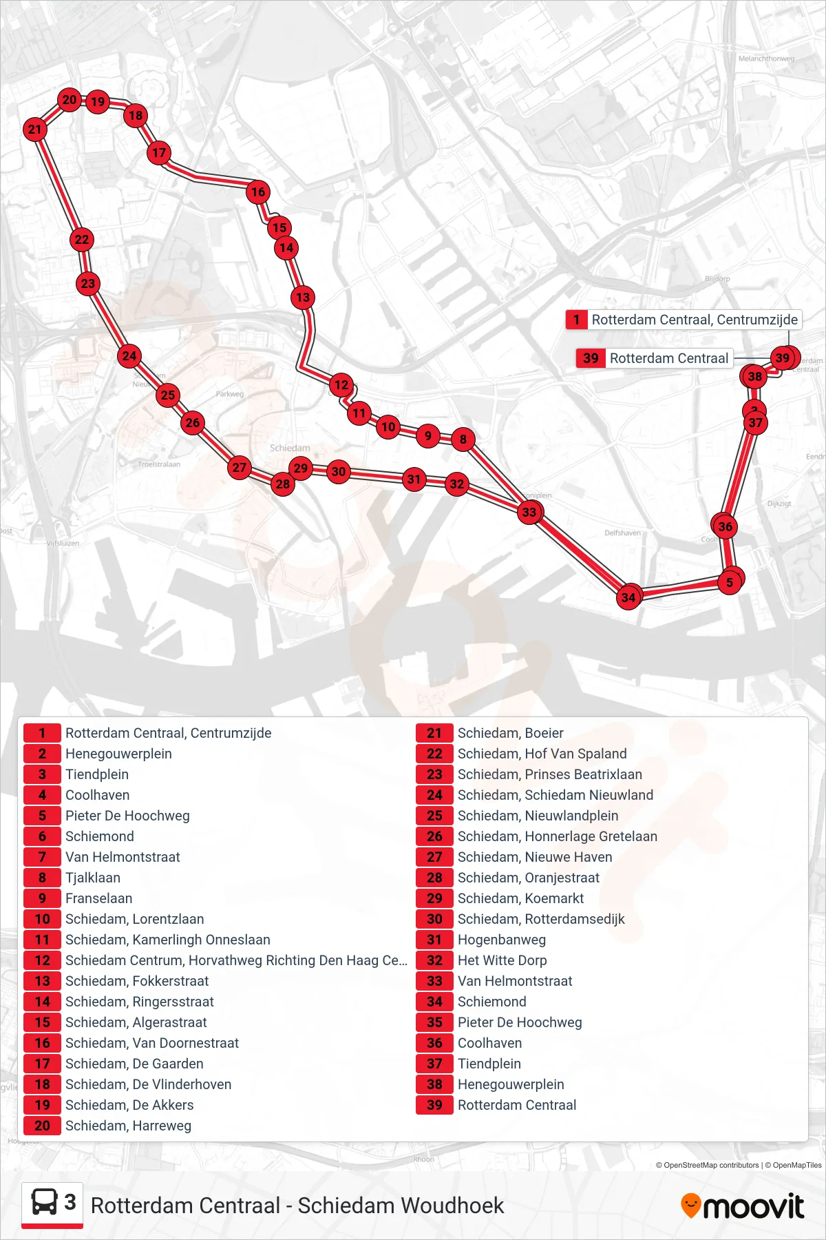 Lijn 3 (bus, Rotterdam Centraal): route en haltes op de kaart