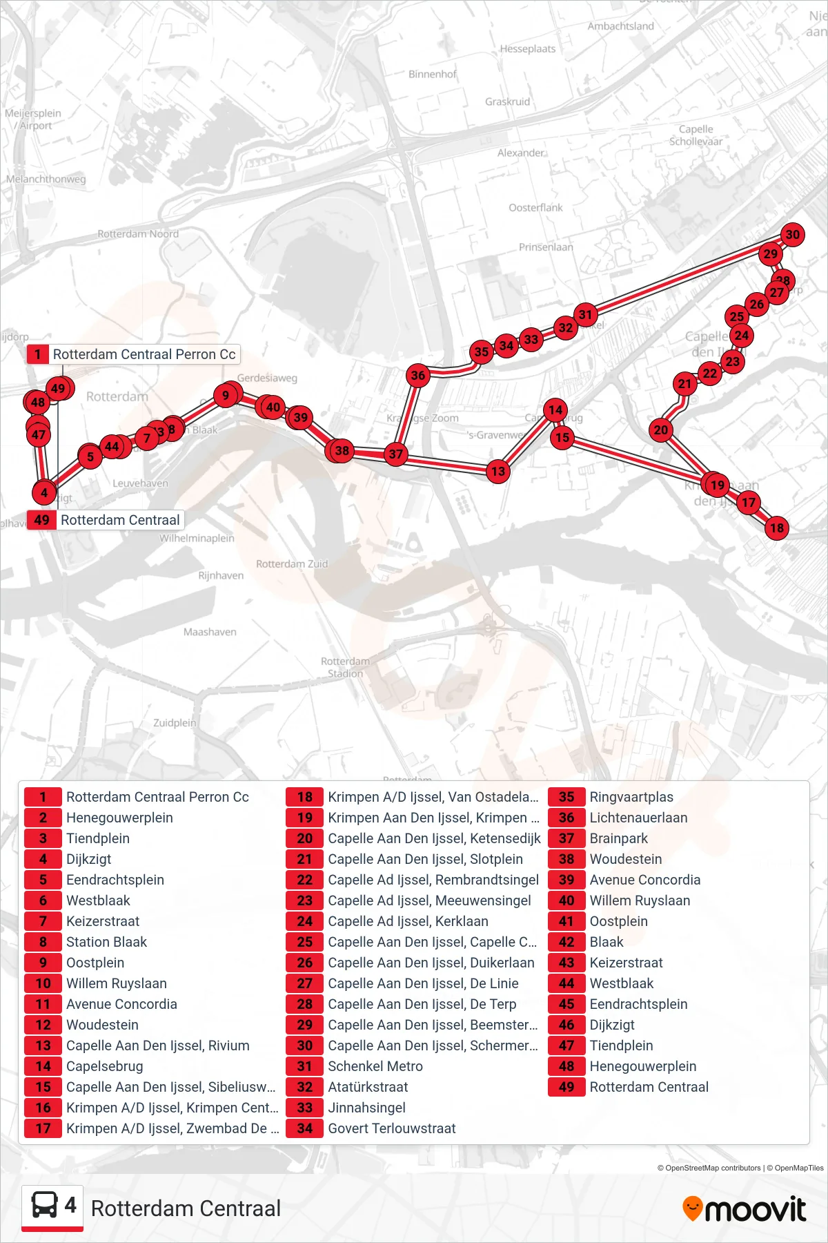 Lijn 4 (bus, Rotterdam Centraal): route en haltes op de kaart