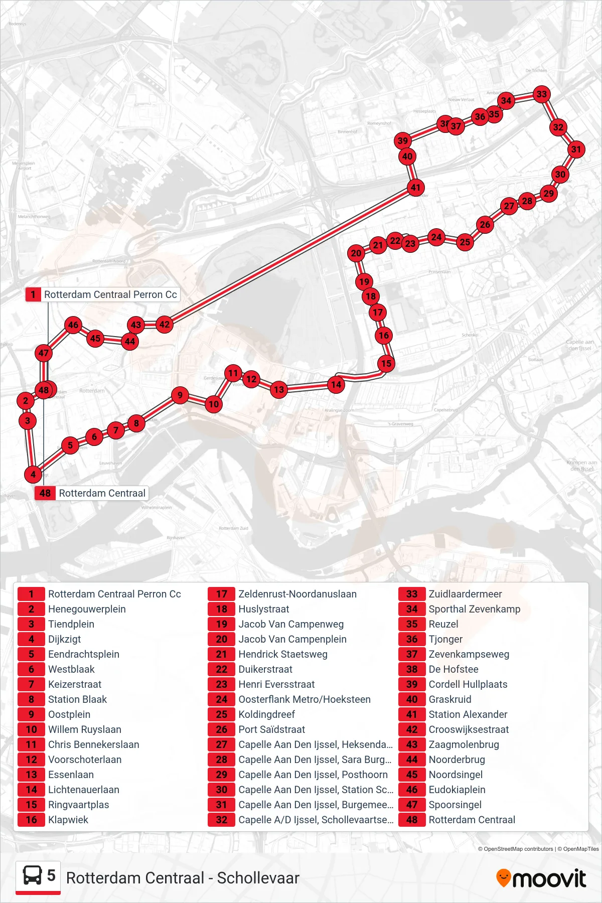 Lijn 5 (bus, Rotterdam Centraal): route en haltes op de kaart