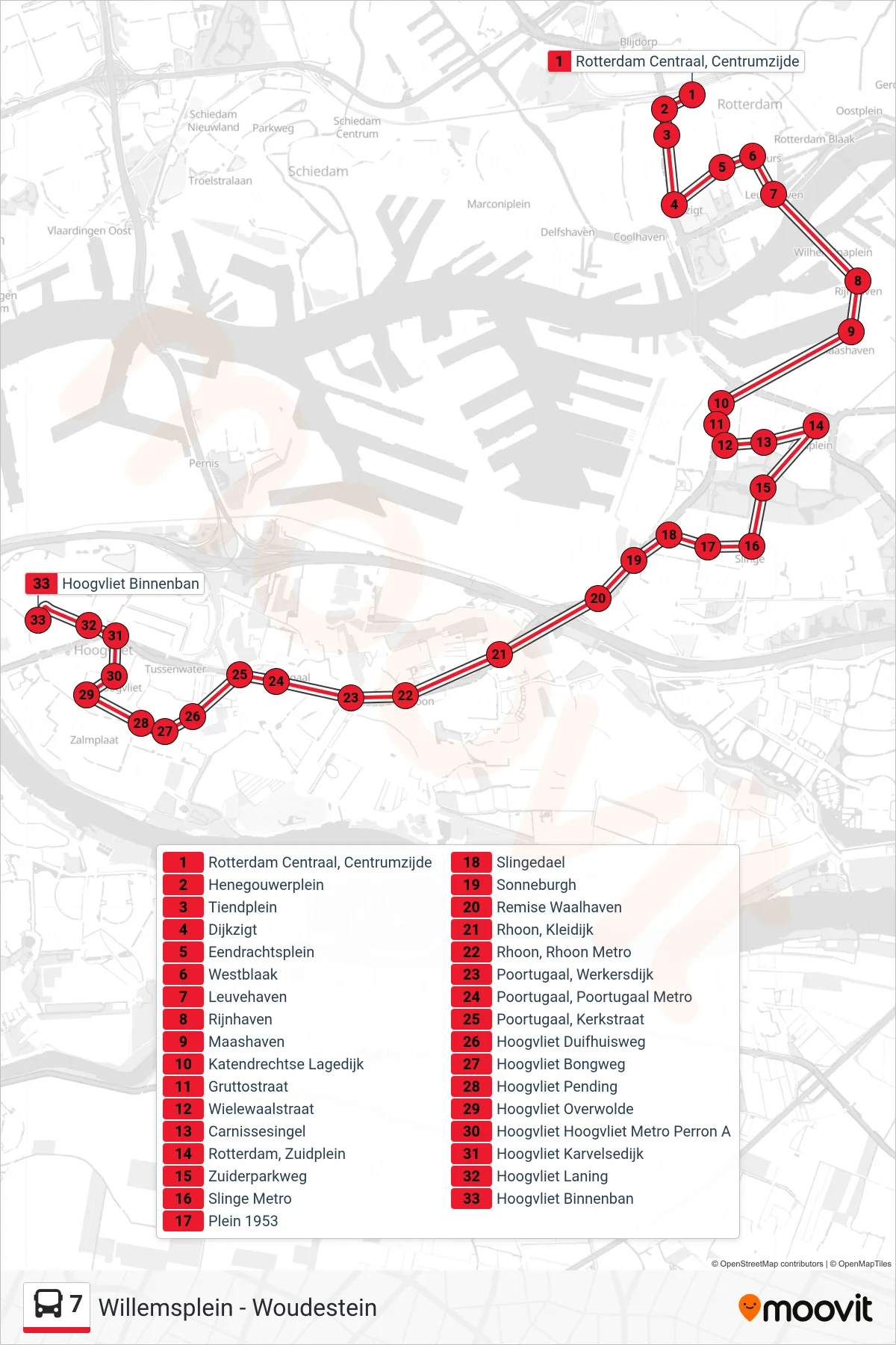 Lijn 7 (bus, Hoogvliet Centrum): route en haltes op de kaart