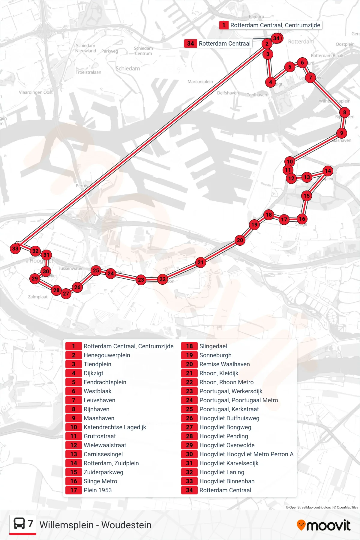 Lijn 7 (bus, Rotterdam Centraal): route en haltes op de kaart