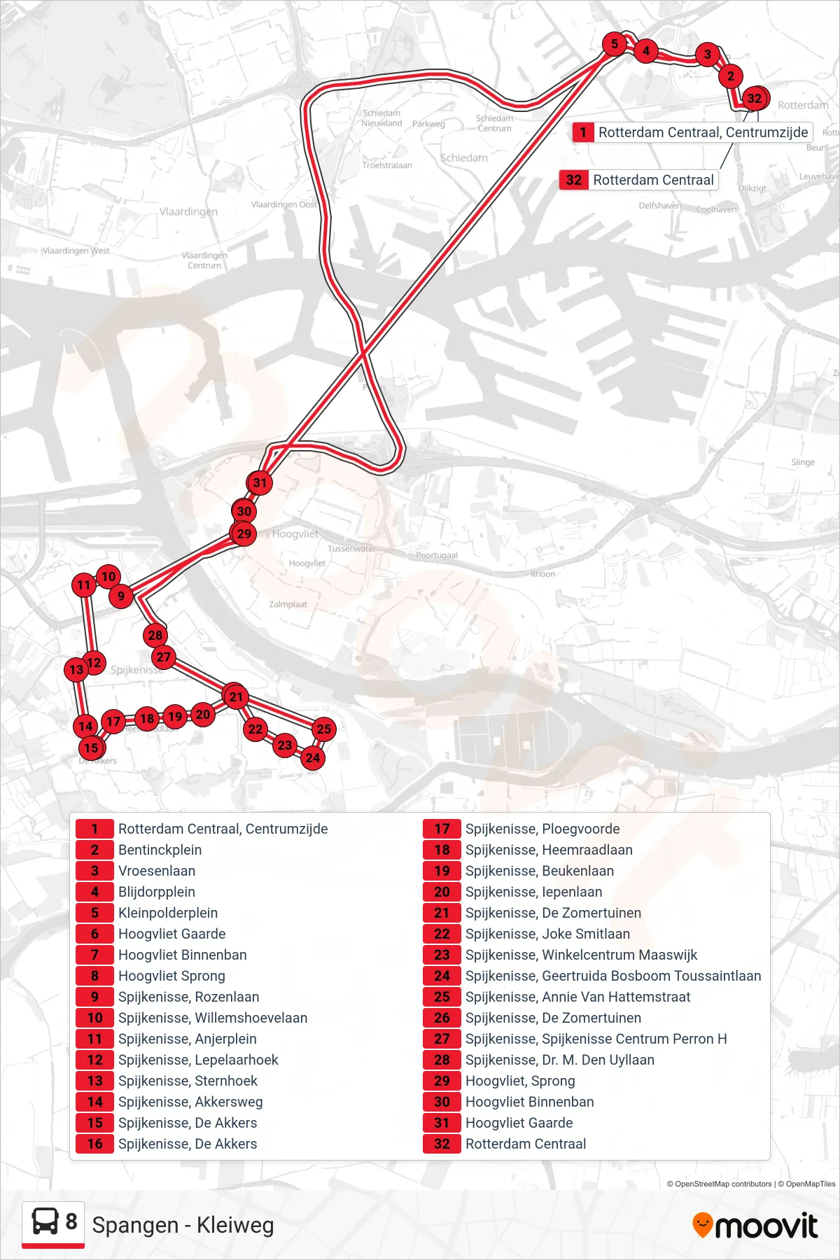 Lijn 8 (bus, Rotterdam Centraal): route en haltes op de kaart