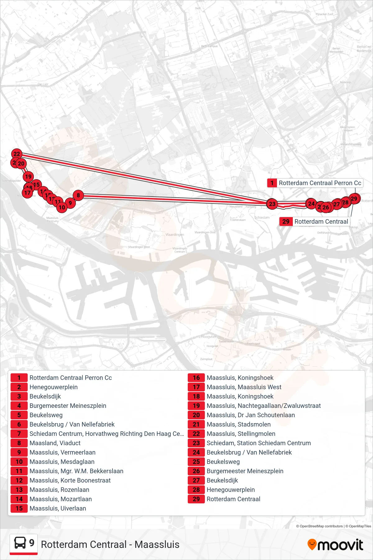Lijn 9 (bus, Rotterdam Centraal): route en haltes op de kaart