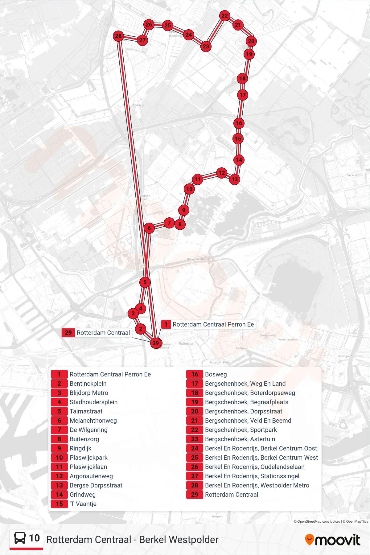 Lijn 10 (bus, Rotterdam Centraal): route en haltes op de kaart