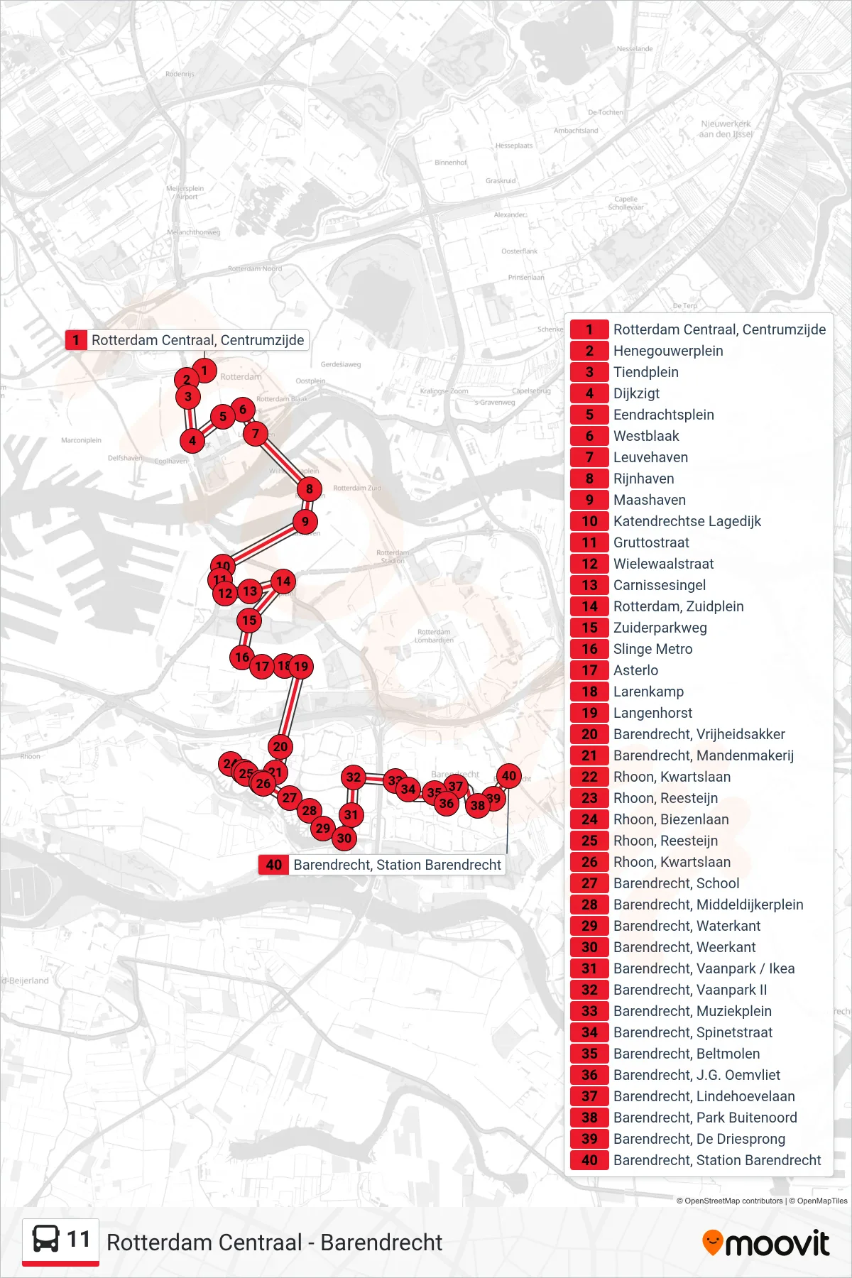 Lijn 11 (bus, Barendrecht): route en haltes op de kaart