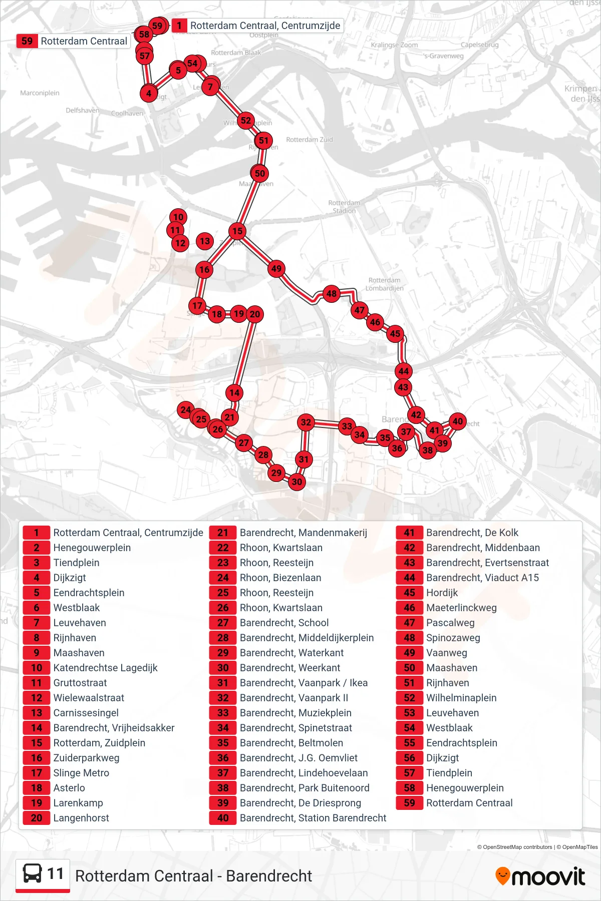 Lijn 11 (bus, Rotterdam Centraal): route en haltes op de kaart