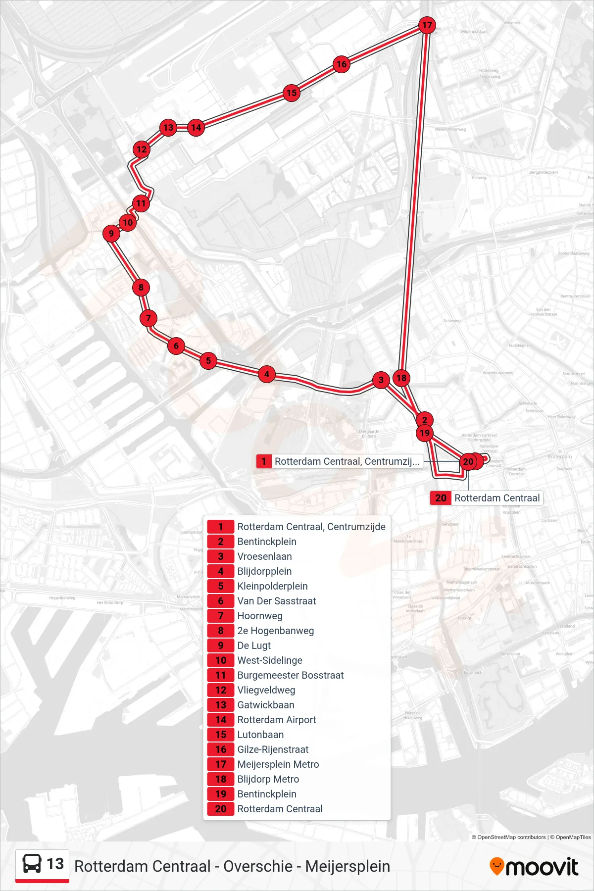 Lijn 13 (bus, Rotterdam Centraal): route en haltes op de kaart