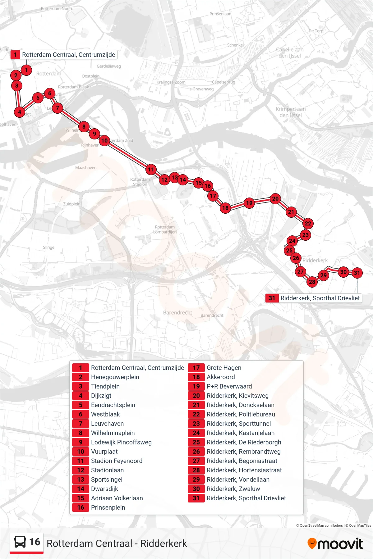 Lijn 16 (bus, Ridderkerk Drievliet): route en haltes op de kaart