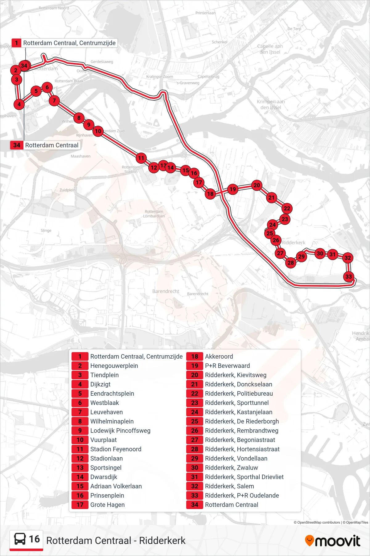 Lijn 16 (bus, Rotterdam Centraal): route en haltes op de kaart