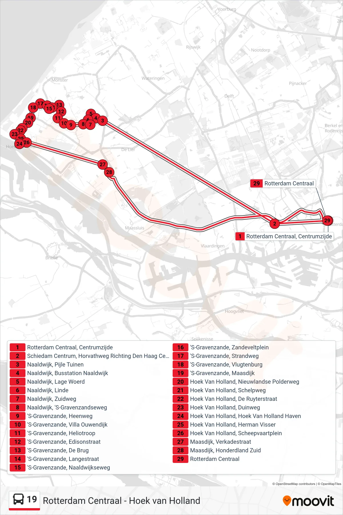 Lijn 19 (bus, Rotterdam Centraal): route en haltes op de kaart
