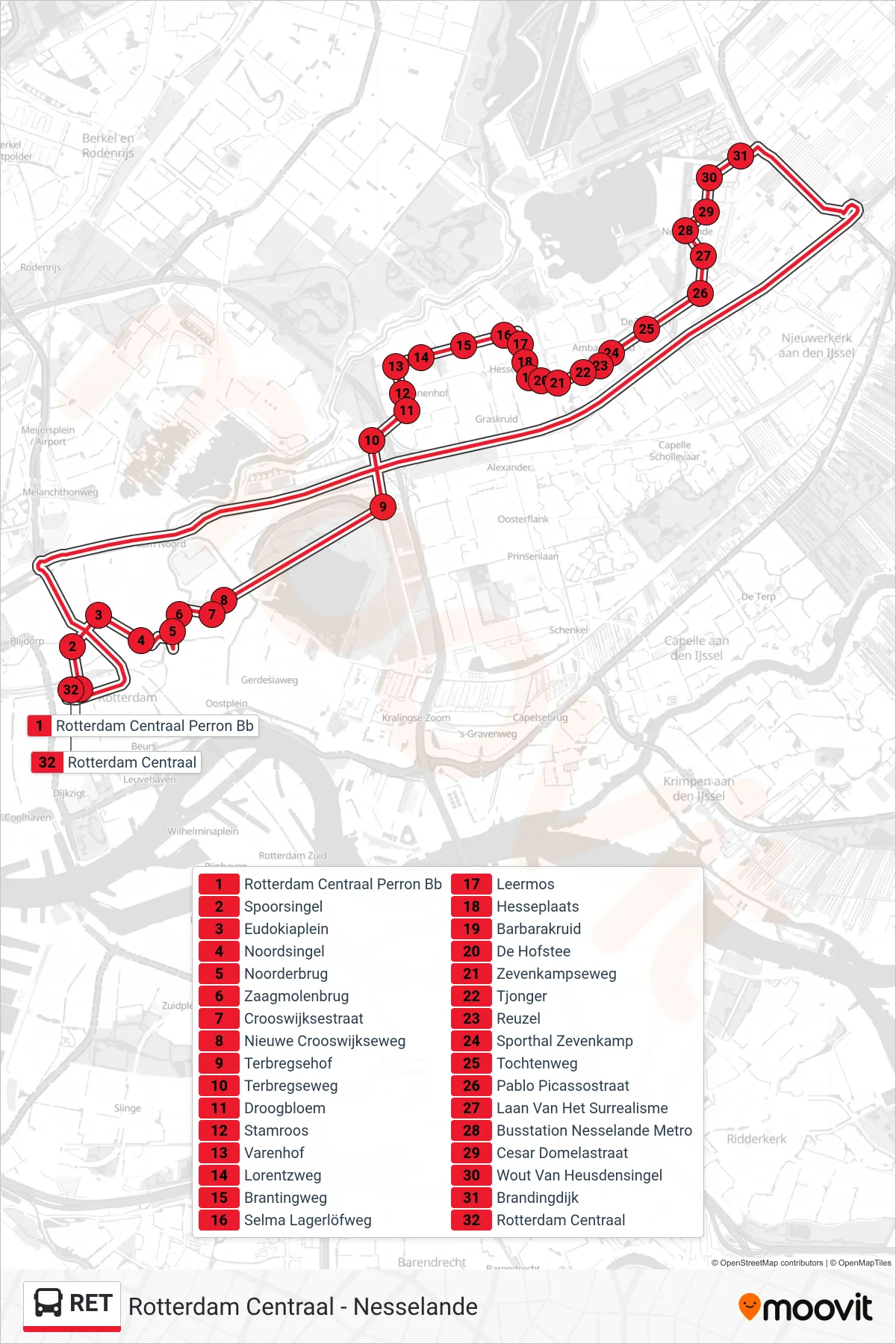 Lijn RET (bus, Rotterdam Centraal): route en haltes op de kaart