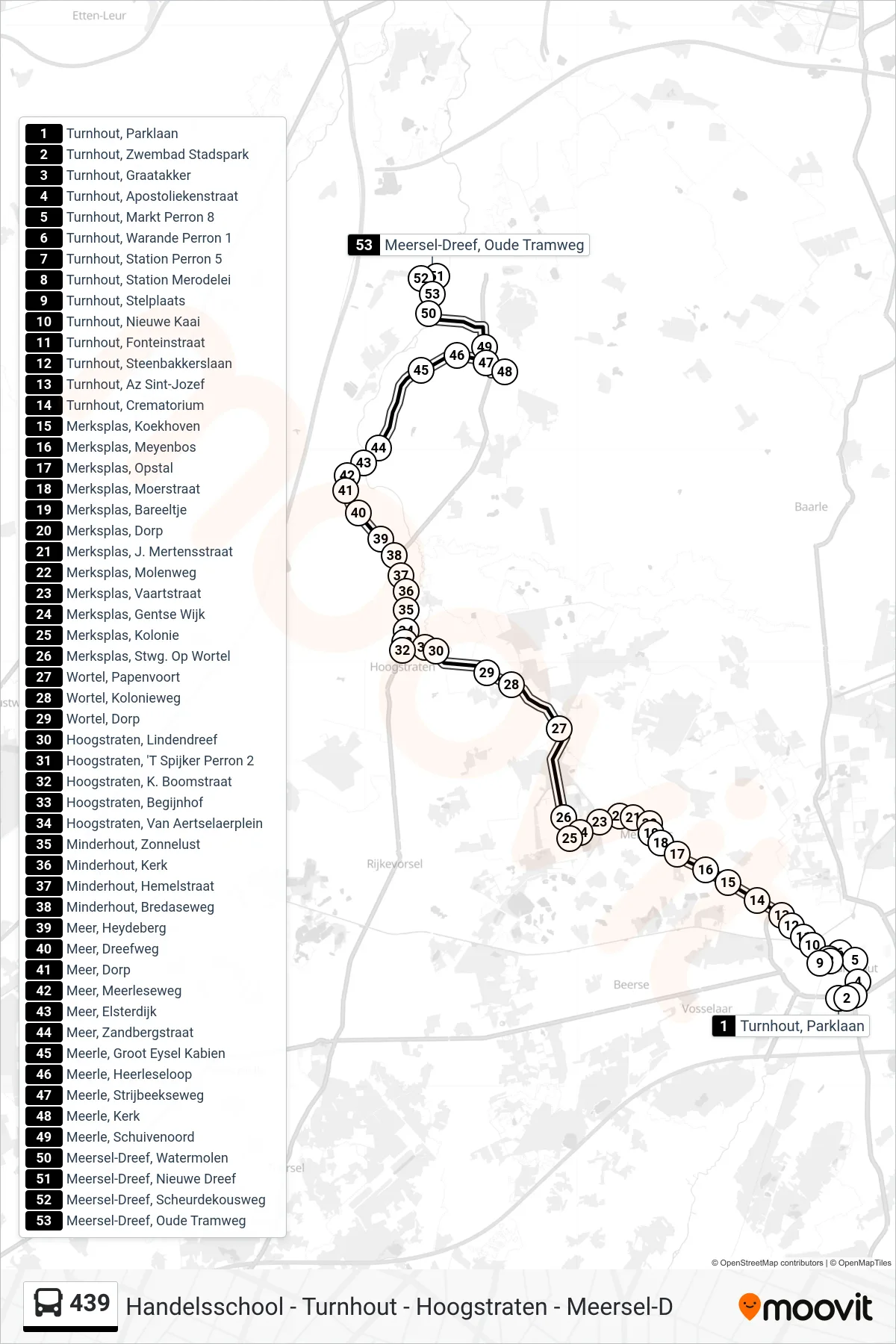 Lijn 439 (bus, Meersel-Dreef Oude Tramweg): route en haltes op de kaart