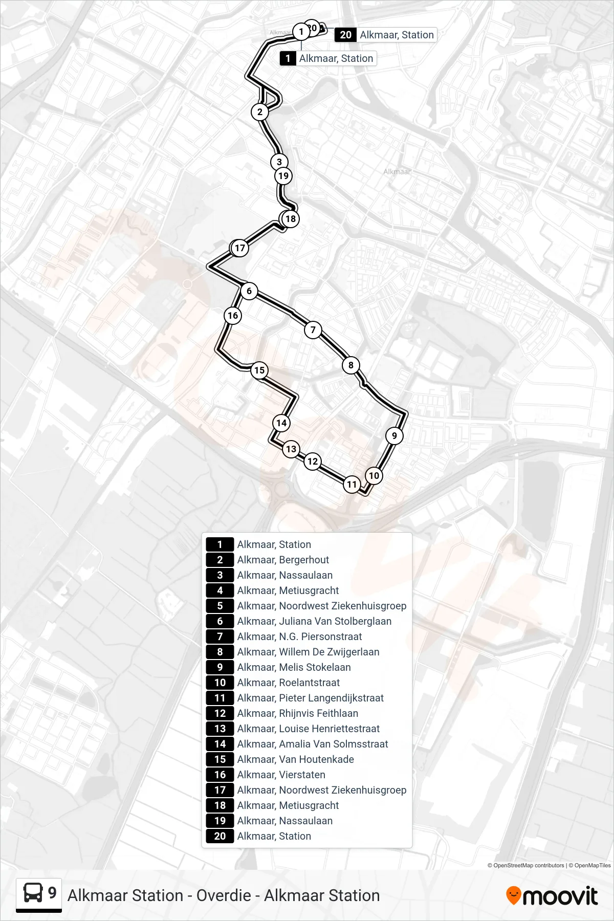 Lijn 9 (bus, Overdie): route en haltes op de kaart