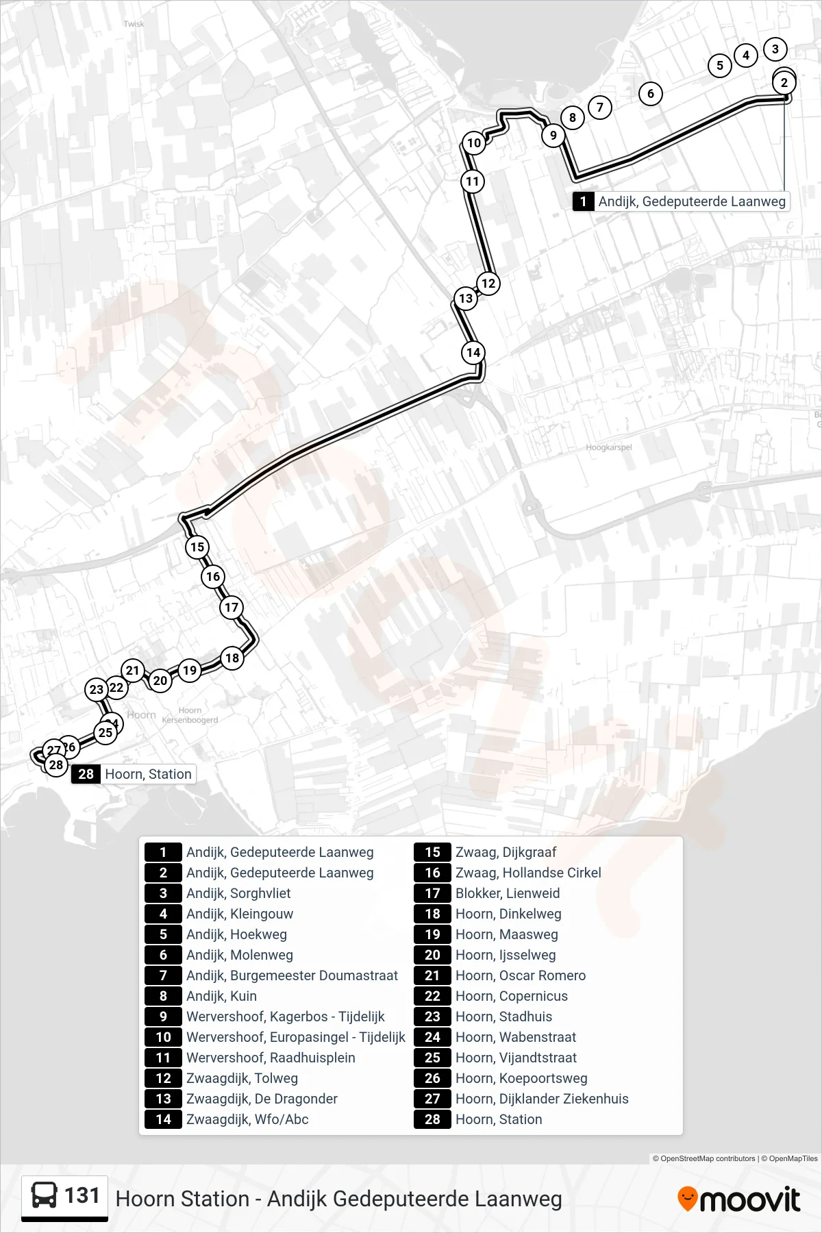 Lijn 131 (bus, Hoorn Station): route en haltes op de kaart