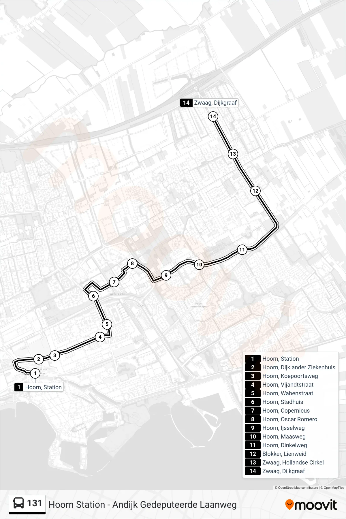Lijn 131 (bus, Zwaag Dijkgraaf): route en haltes op de kaart