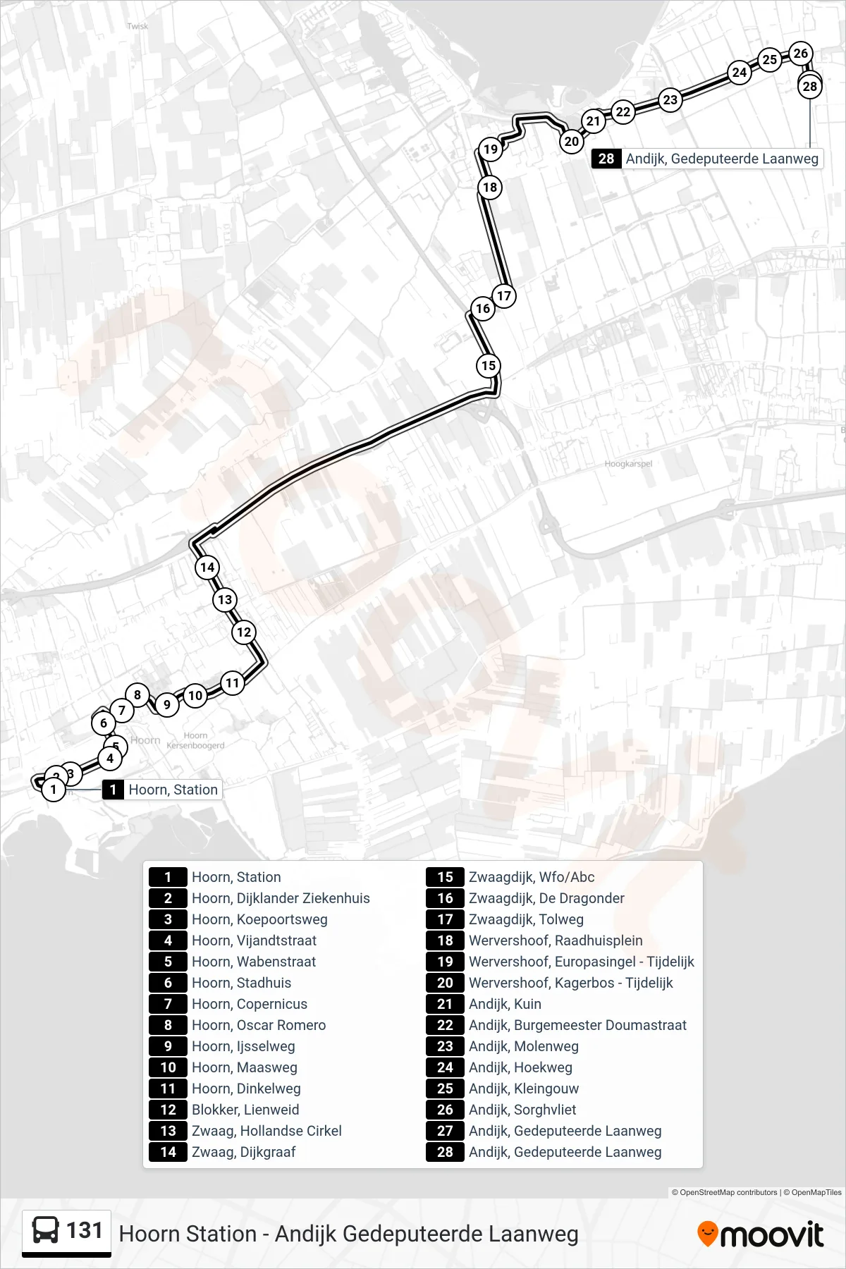 Lijn 131 (bus, Andijk): route en haltes op de kaart