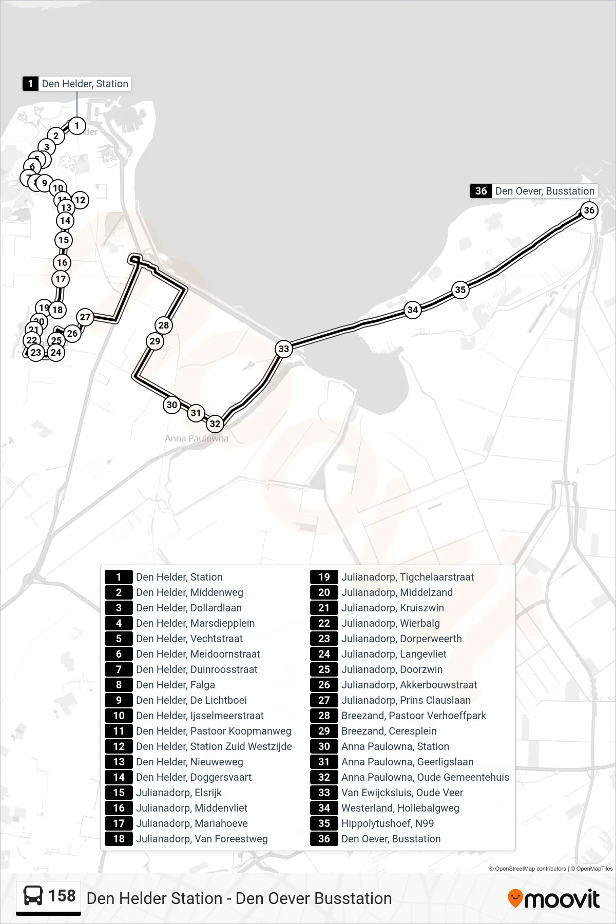Lijn 158 (bus, Den Oever Busstation): route en haltes op de kaart