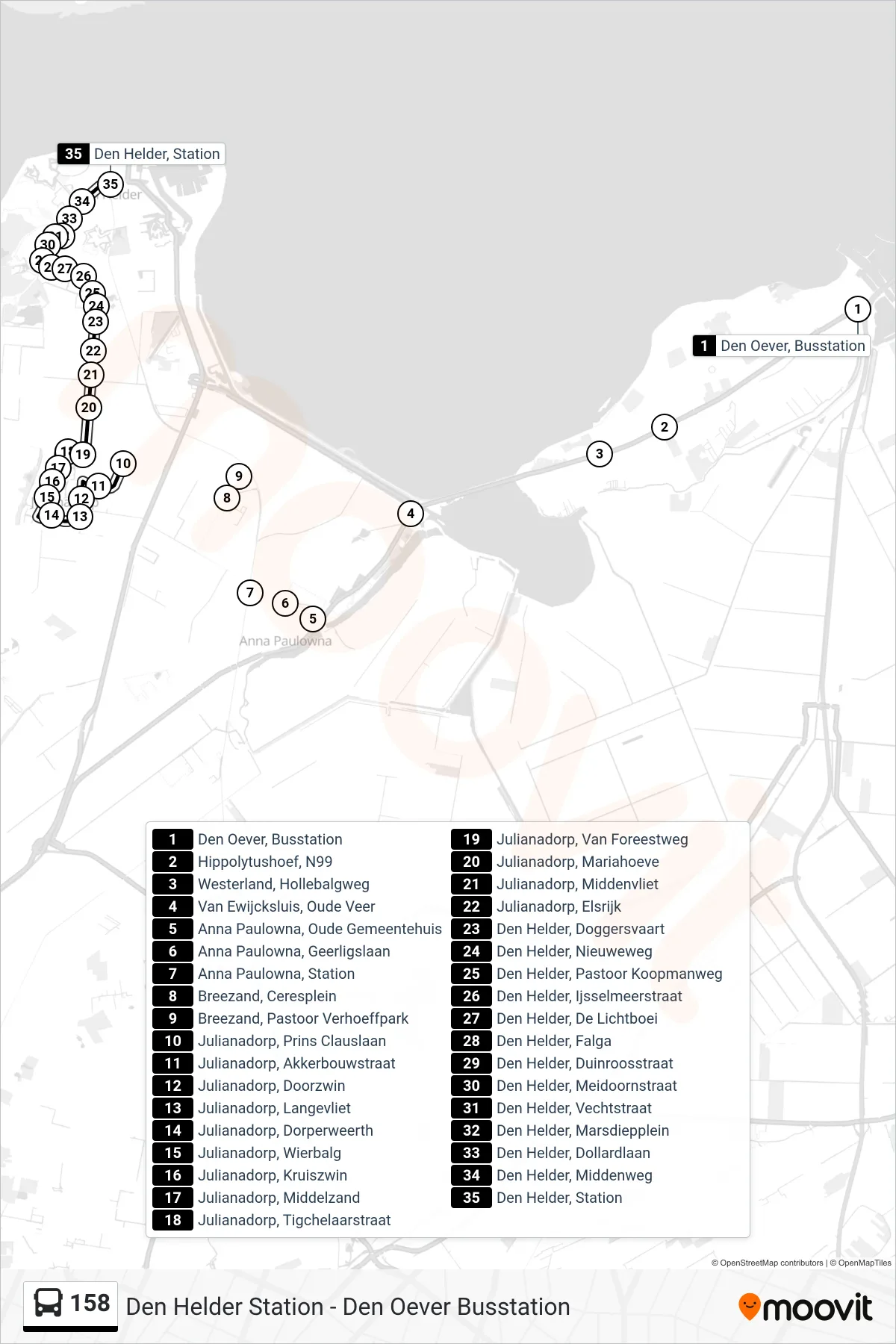 Lijn 158 (bus, Den Helder Station): route en haltes op de kaart