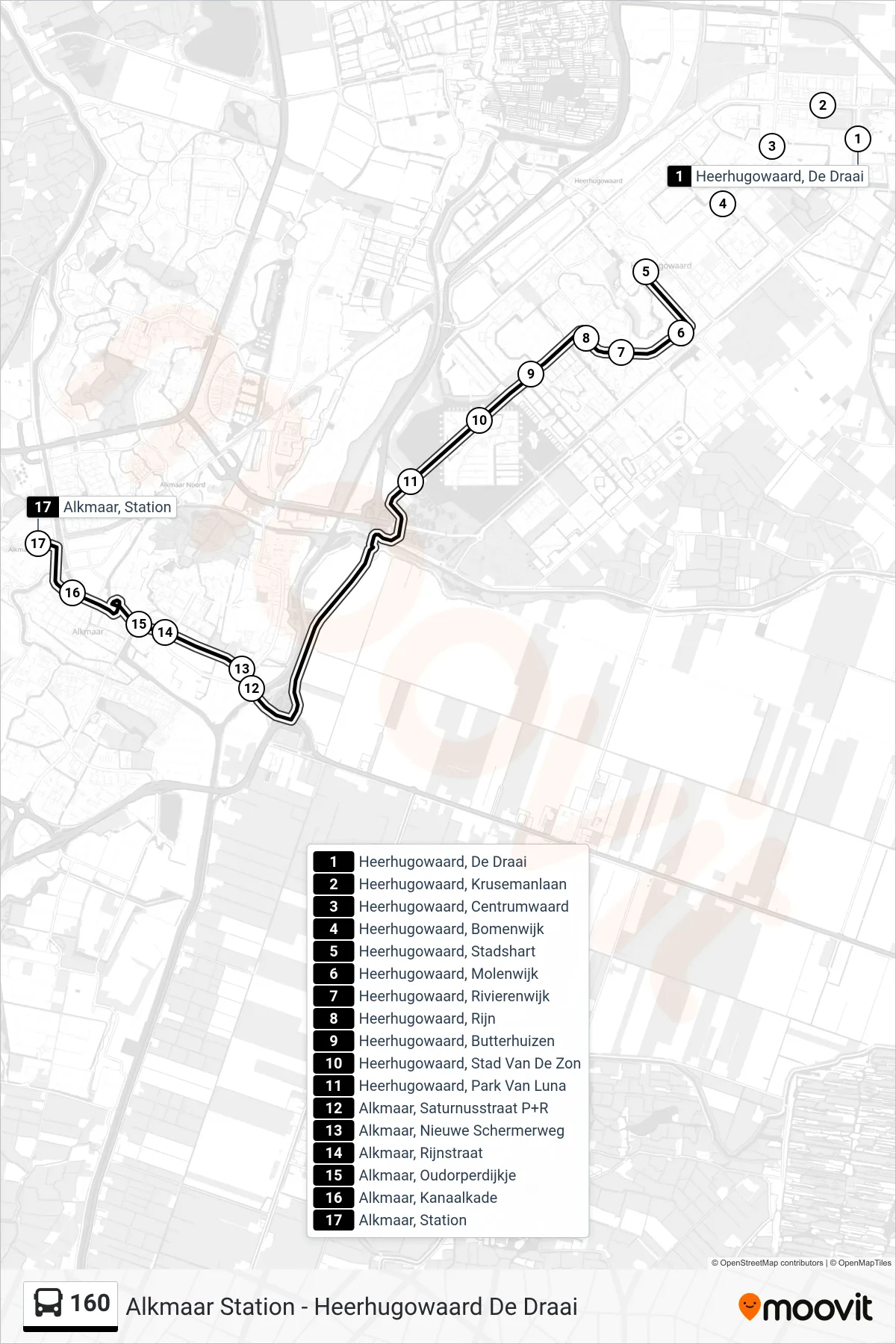 Lijn 160 (bus, Alkmaar Station): route en haltes op de kaart