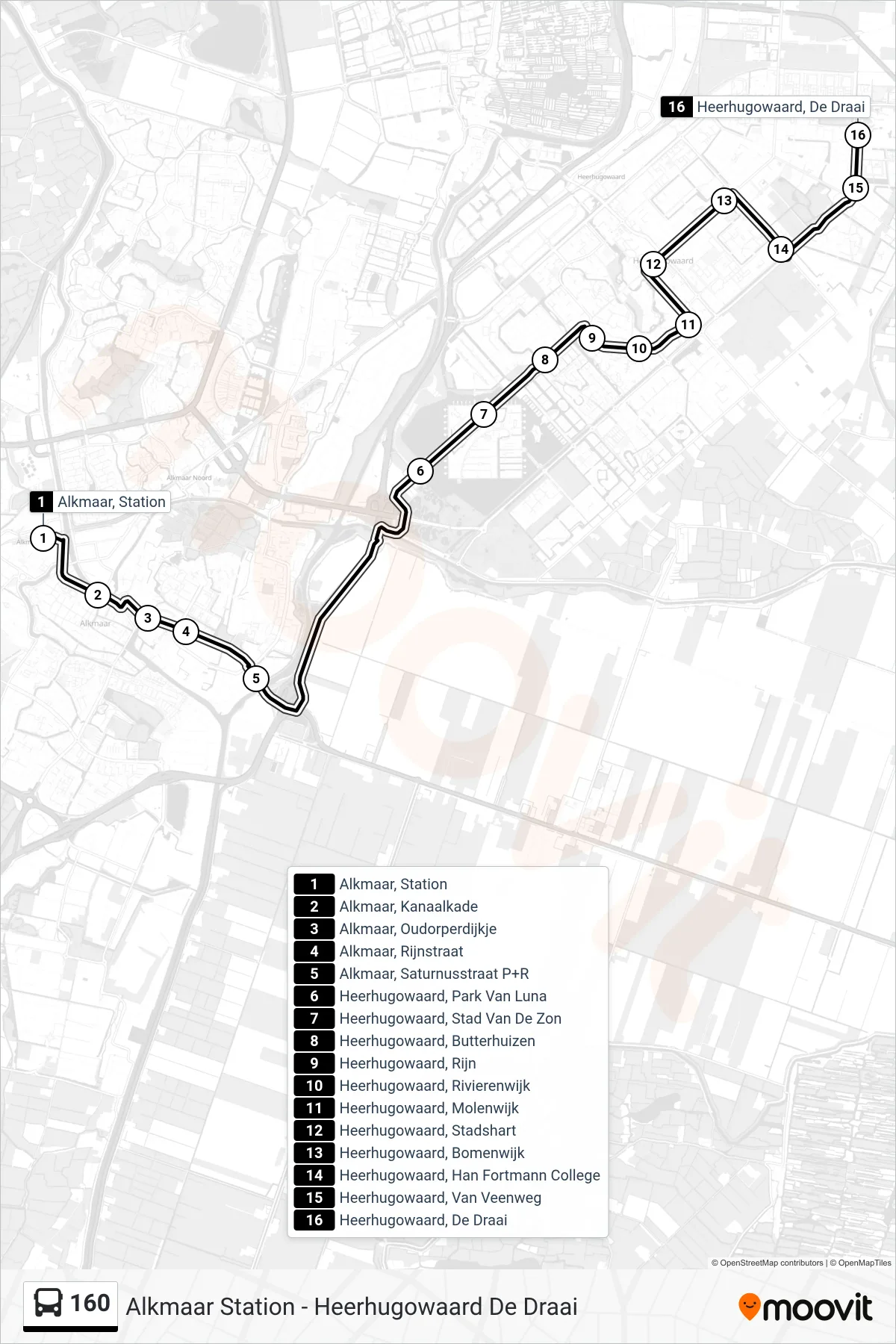 160 bus Line (Heerhugowaard De Draai) route and stops on a map