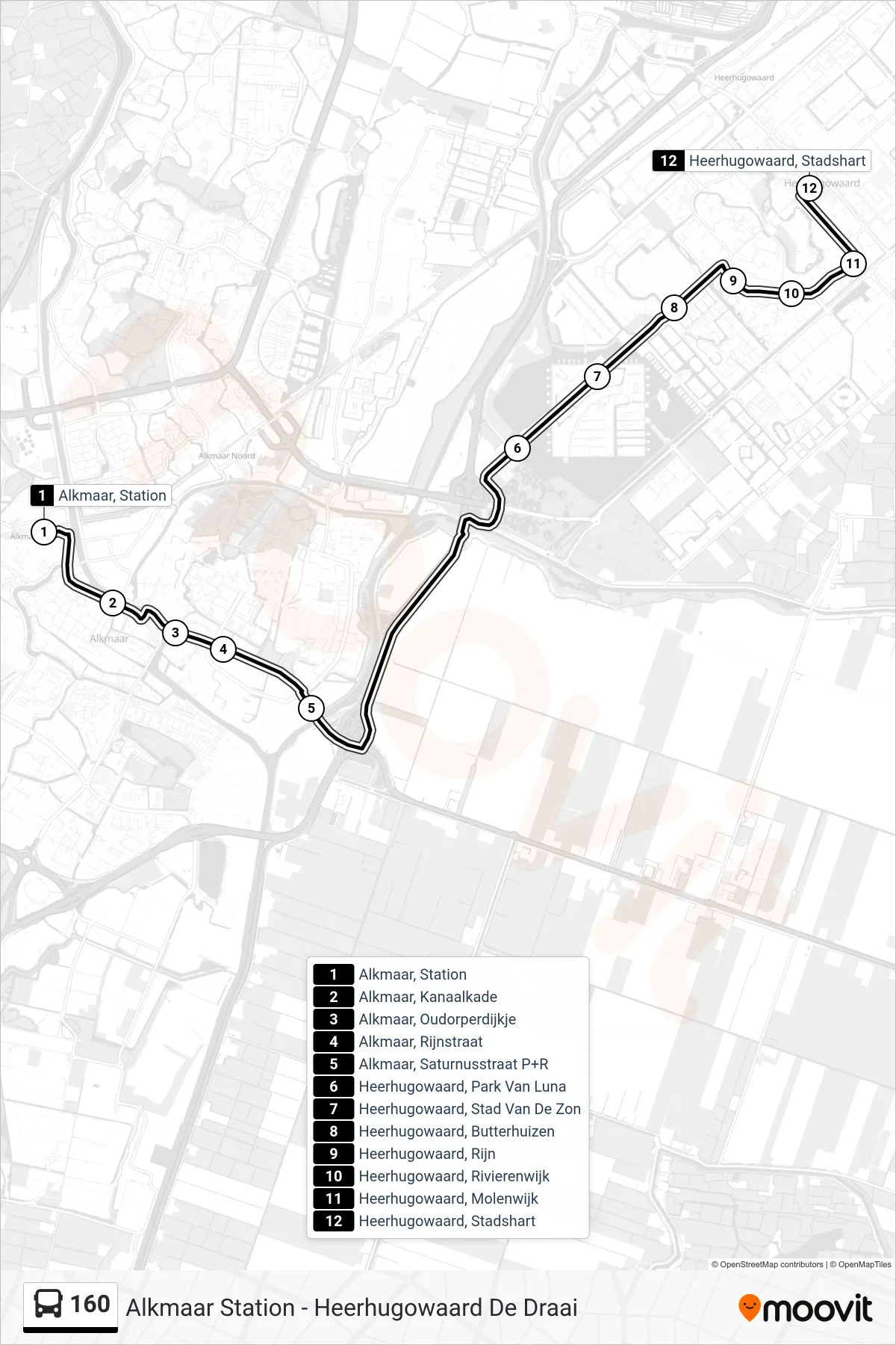 Lijn 160 (bus, Heerhugowaard Stadshart): route en haltes op de kaart