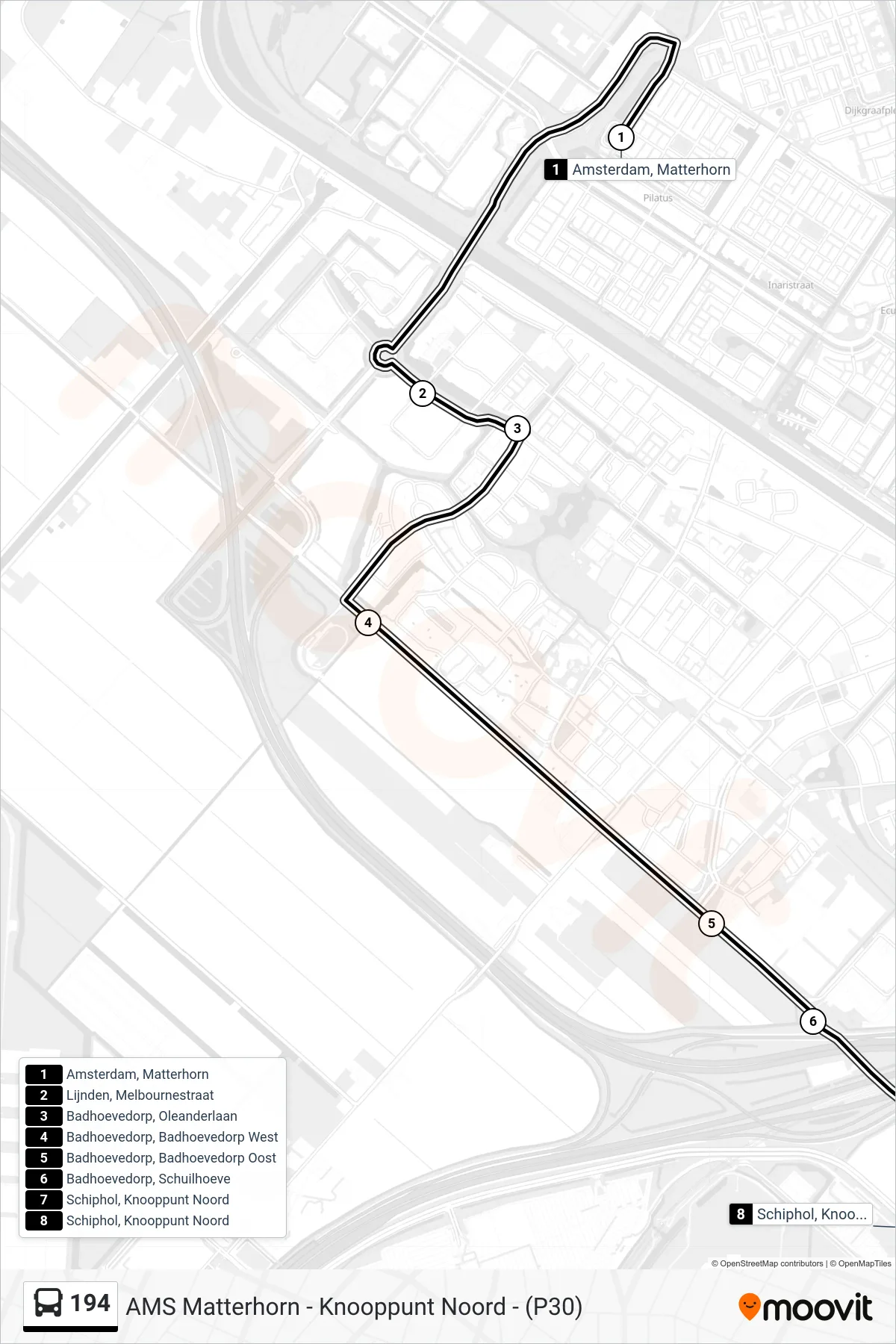 Lijn 194 (bus, Schiphol Knooppunt Noord): route en haltes op de kaart