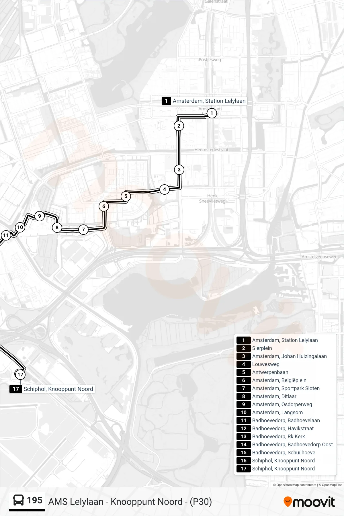 Lijn 195 (bus, Schiphol Knooppunt Noord): route en haltes op de kaart