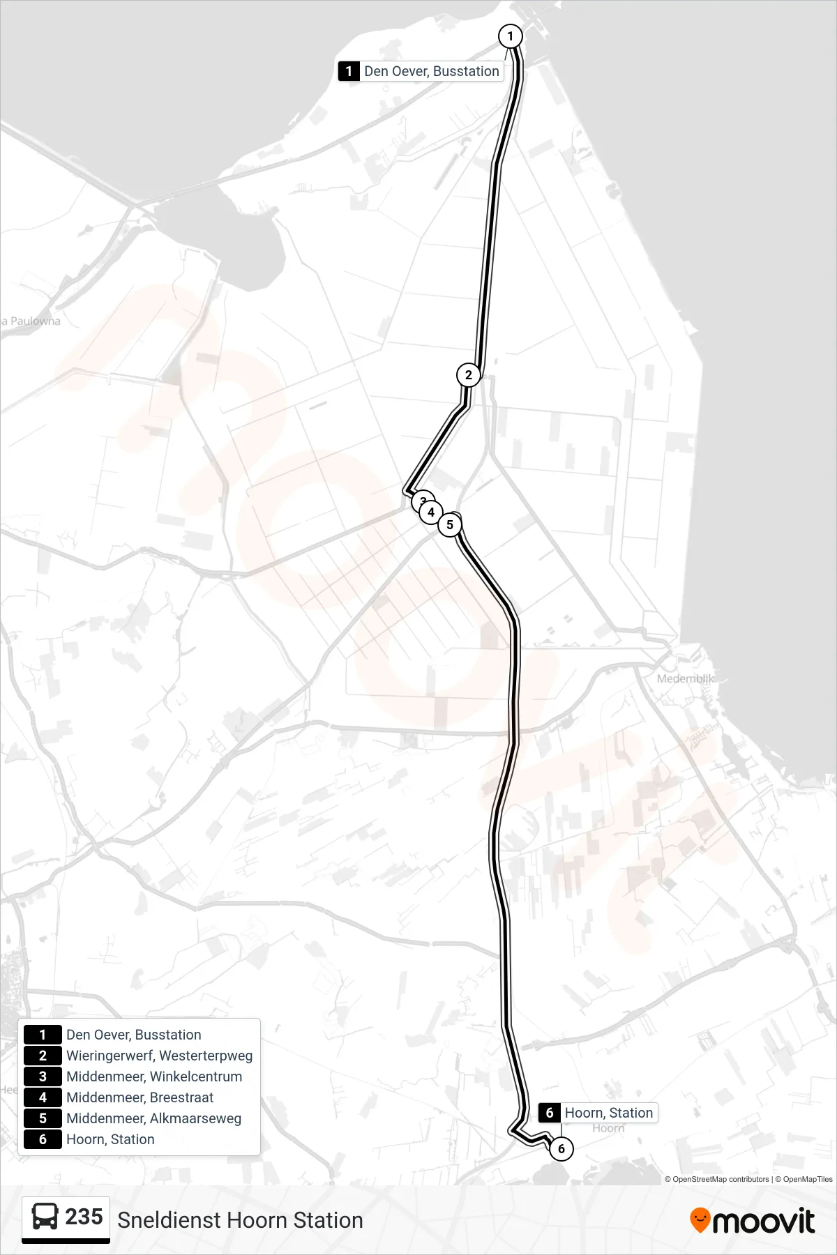 Lijn 235 (bus, Sneldienst Hoorn Station): route en haltes op de kaart