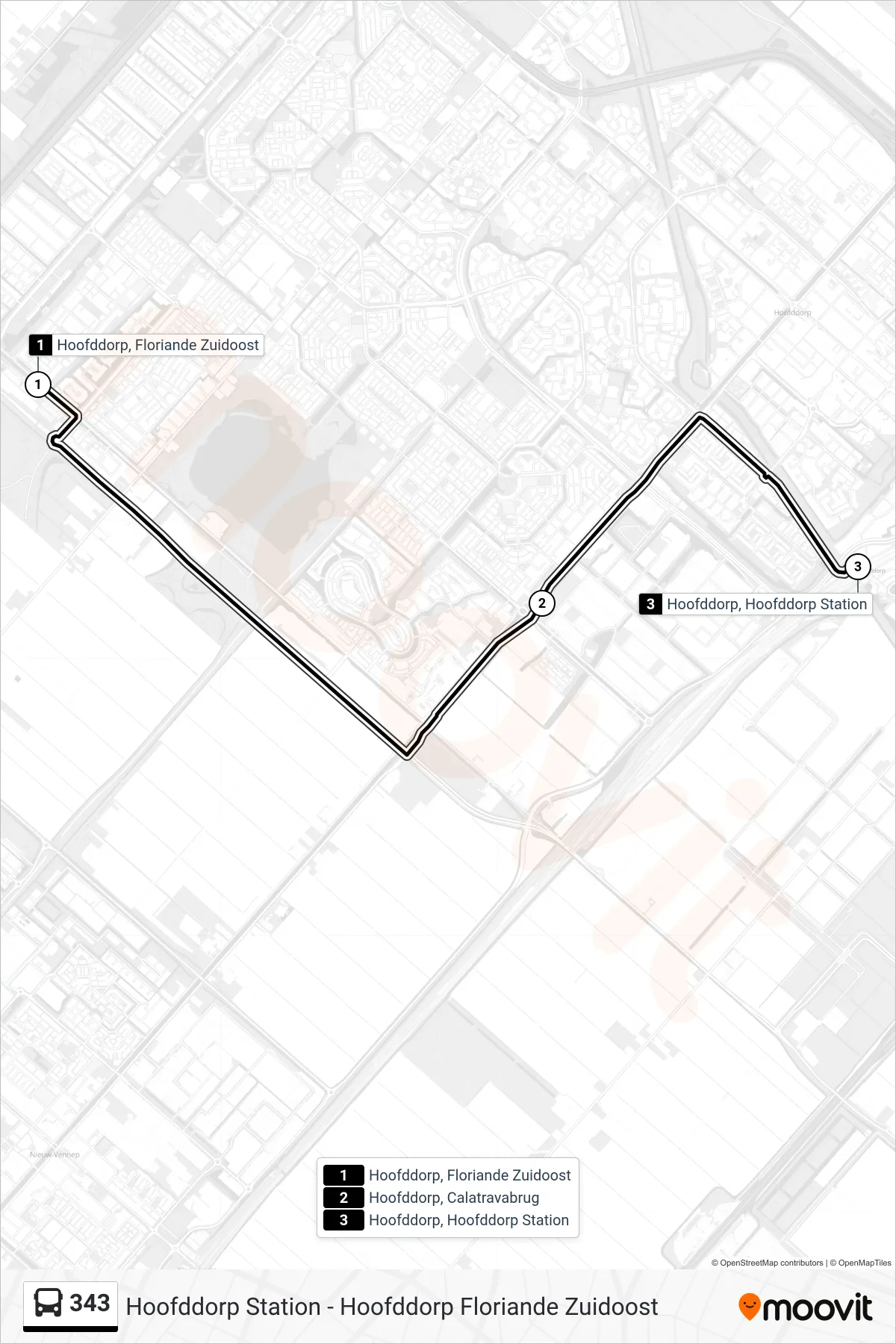 343 bus Line (Hoofddorp Station) route and stops on a map
