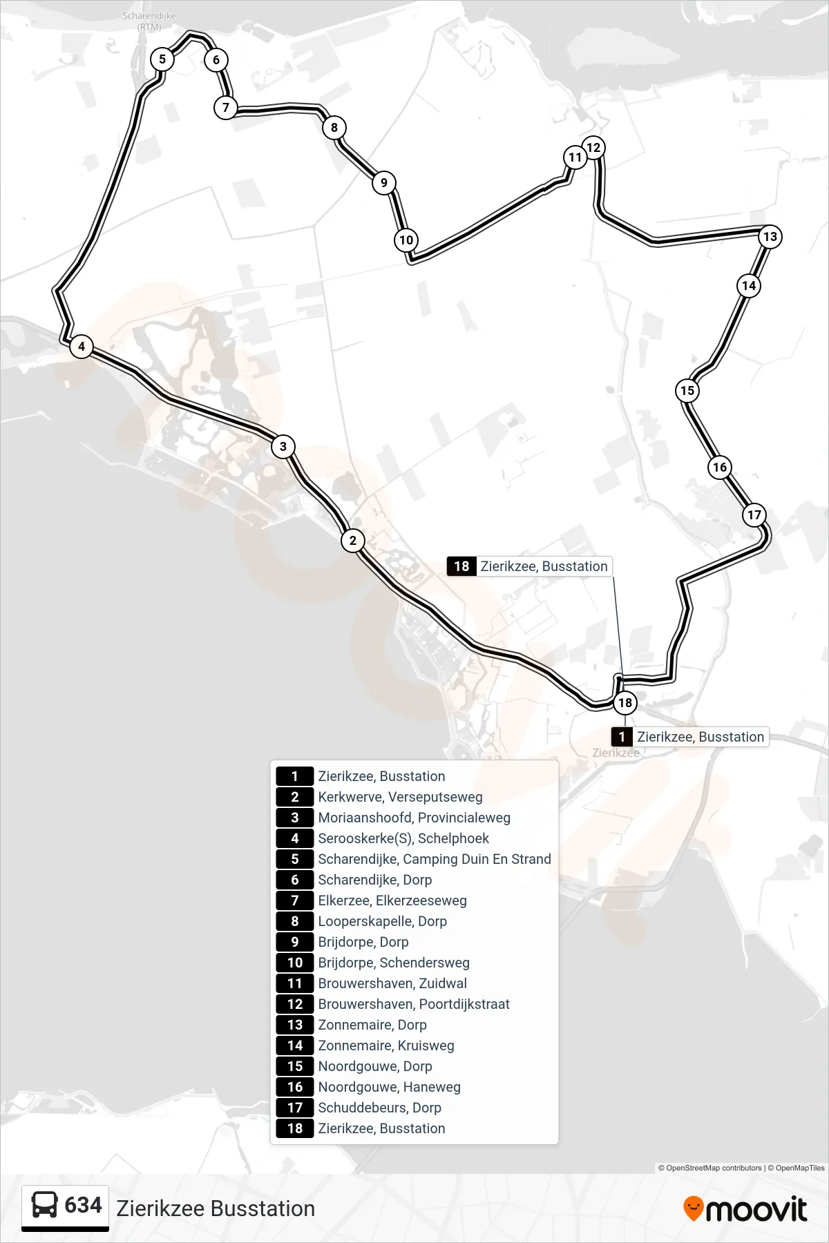Lijn 634 (bus, Zierikzee Busstation): route en haltes op de kaart