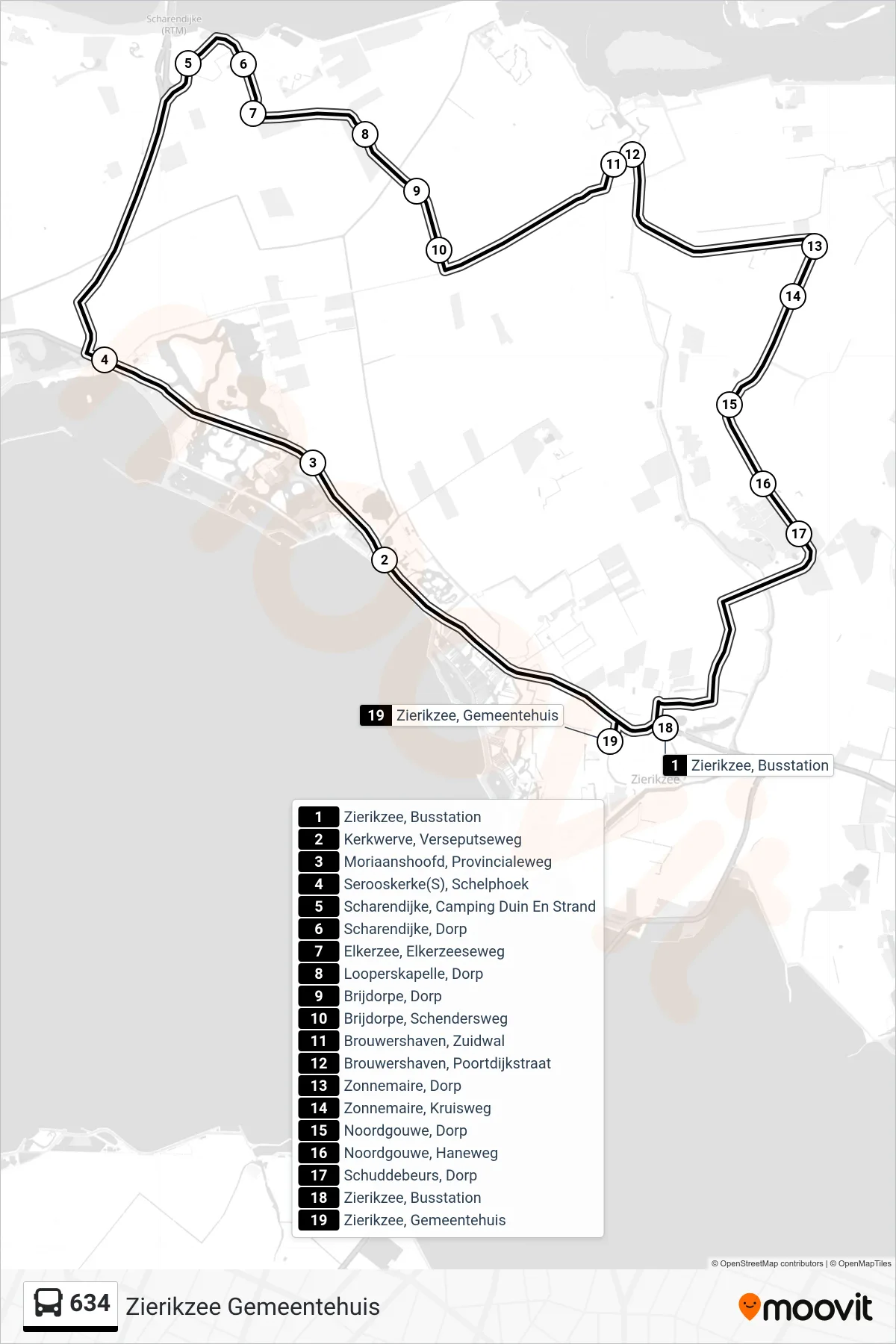 Lijn 634 (bus, Zierikzee Gemeentehuis): route en haltes op de kaart